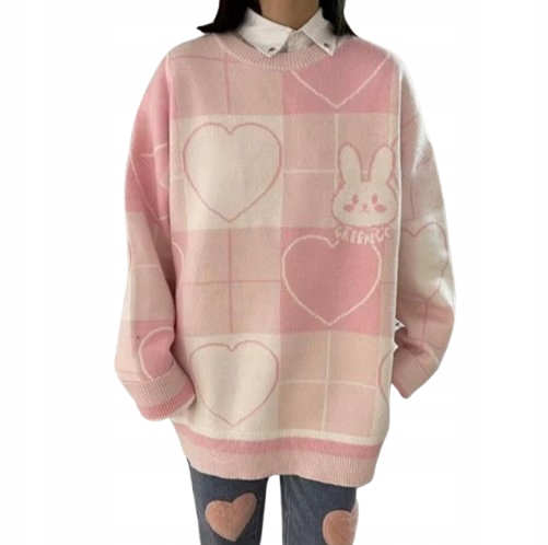 Dámský svetr Oversize ve tvaru srdce s motivem králíka Harajuku Kawaii XXL