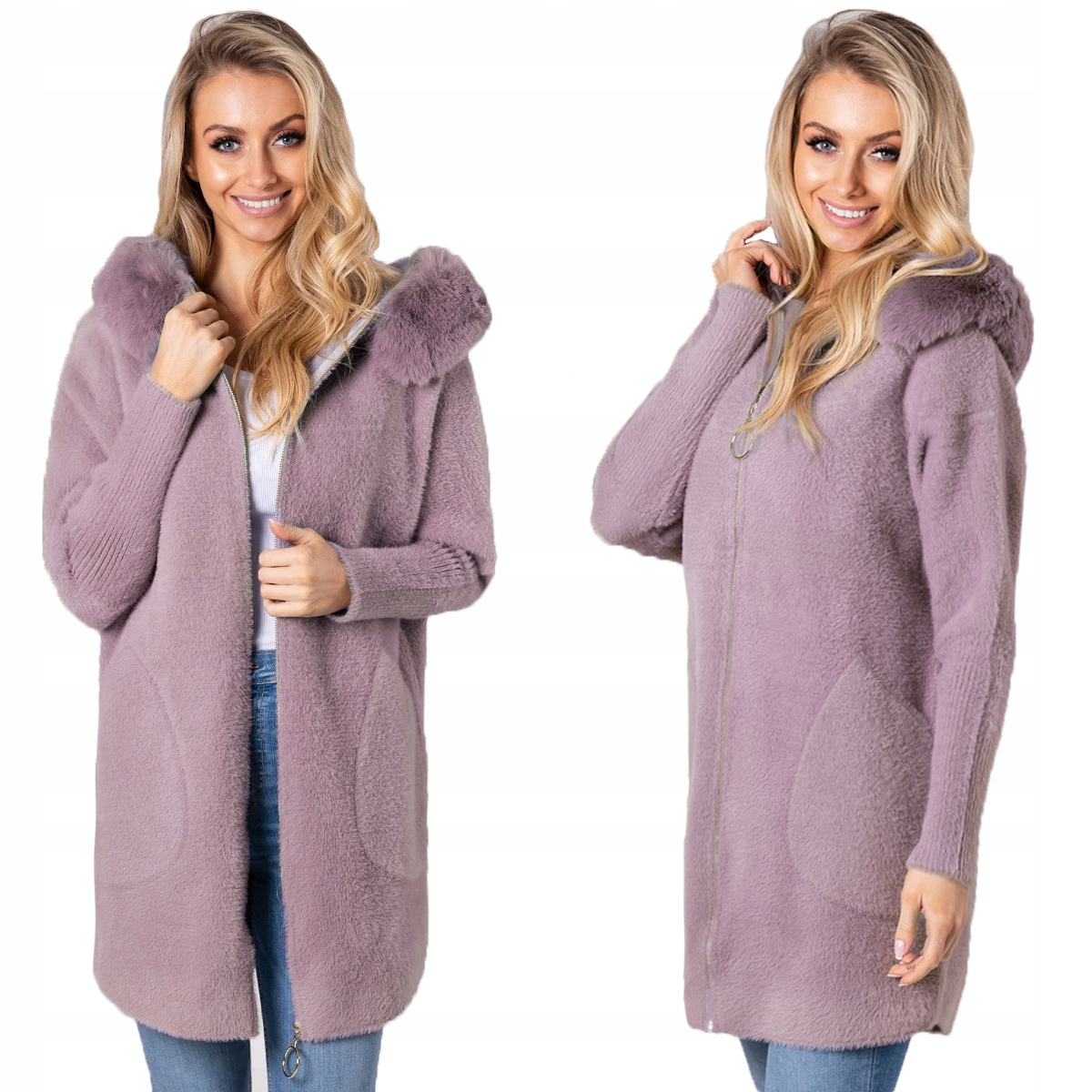 Nadýchaná Alpaka Kabát Kapuce s kožešinou Měkký, teplý, dámský, Vřesový