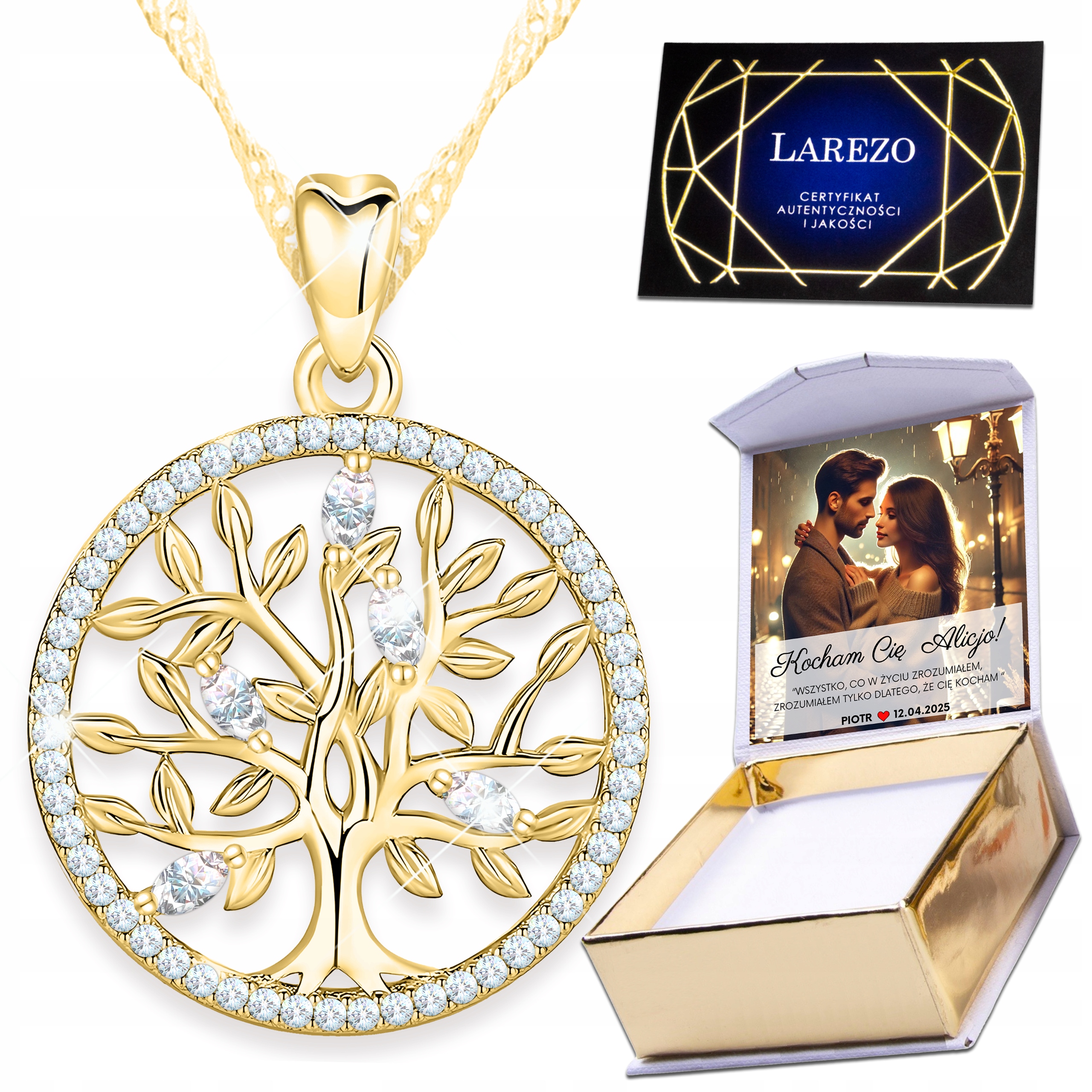 Zlatý náhrdelník 925 Stromek s zirkony Křišťálové kolečko Potisk