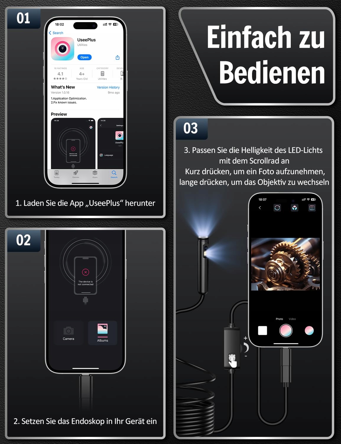 FERDIIZ Kamera Endoskopowa HD 1920P Dwie Soczewki LED IP67 Android iOS 10m — miniatura 8