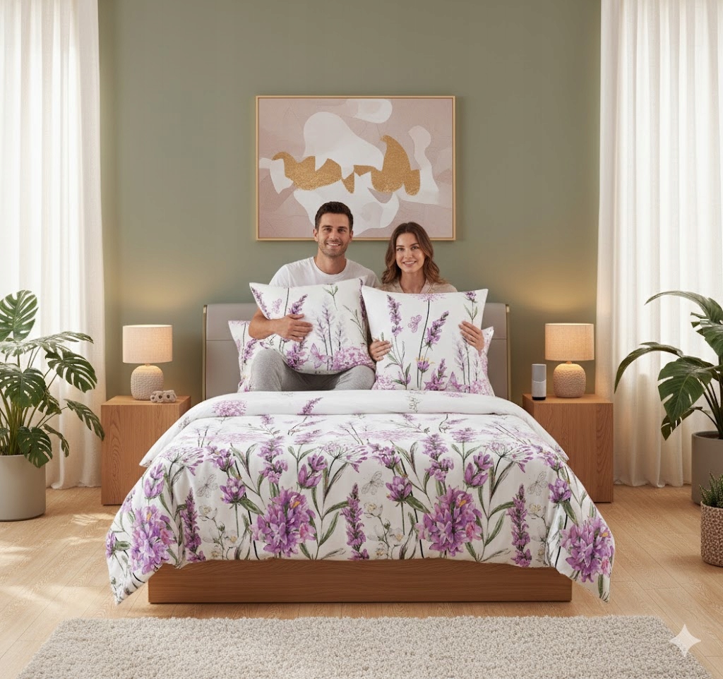 3dílná sada povlečení na peřinu s levandulovým květinovým vzorem v bílém podkladu z bavlny 180×200 cm