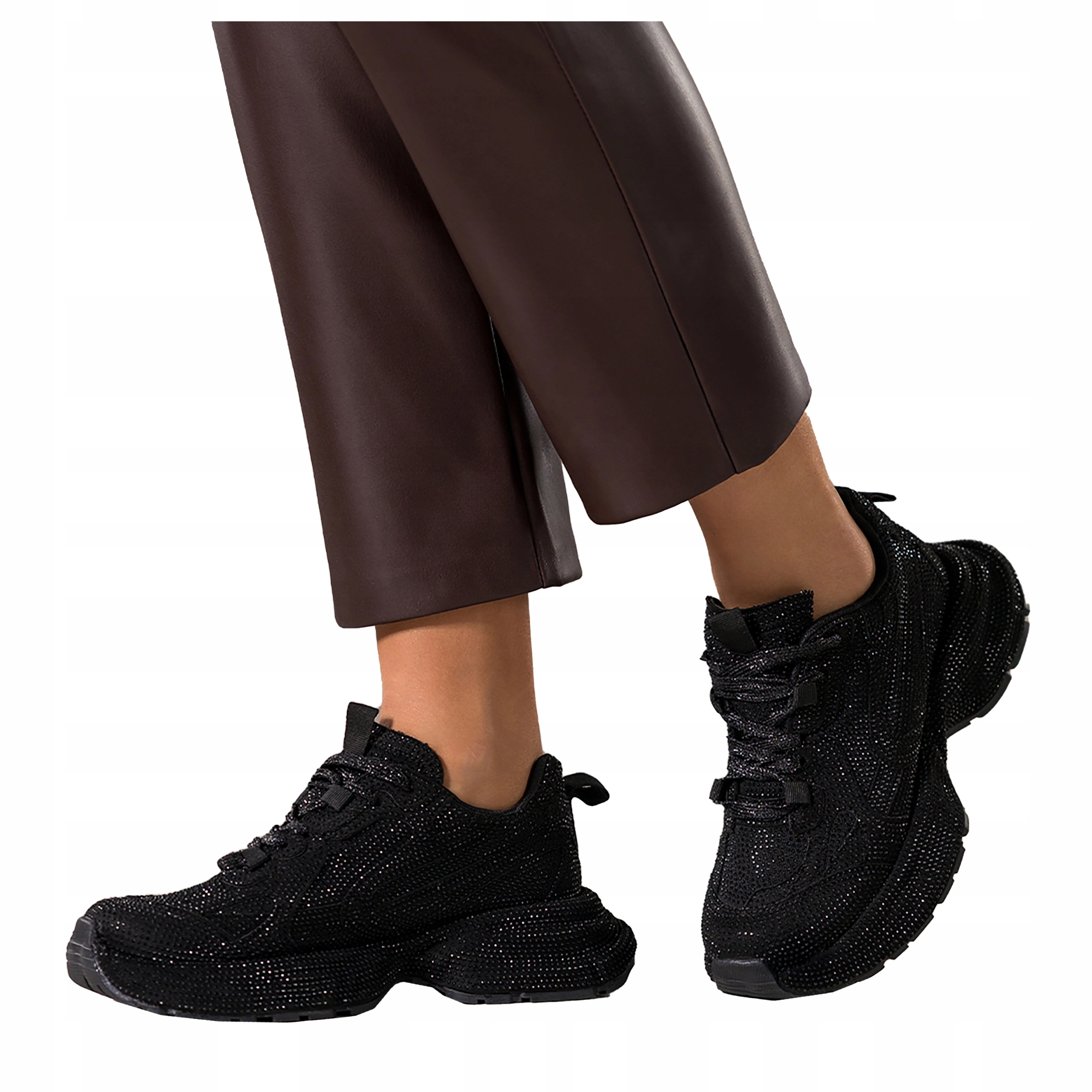 Sneakersy Czarne Damskie Na Platformie Błyszczące Cyrkonie Sznurowane r 39