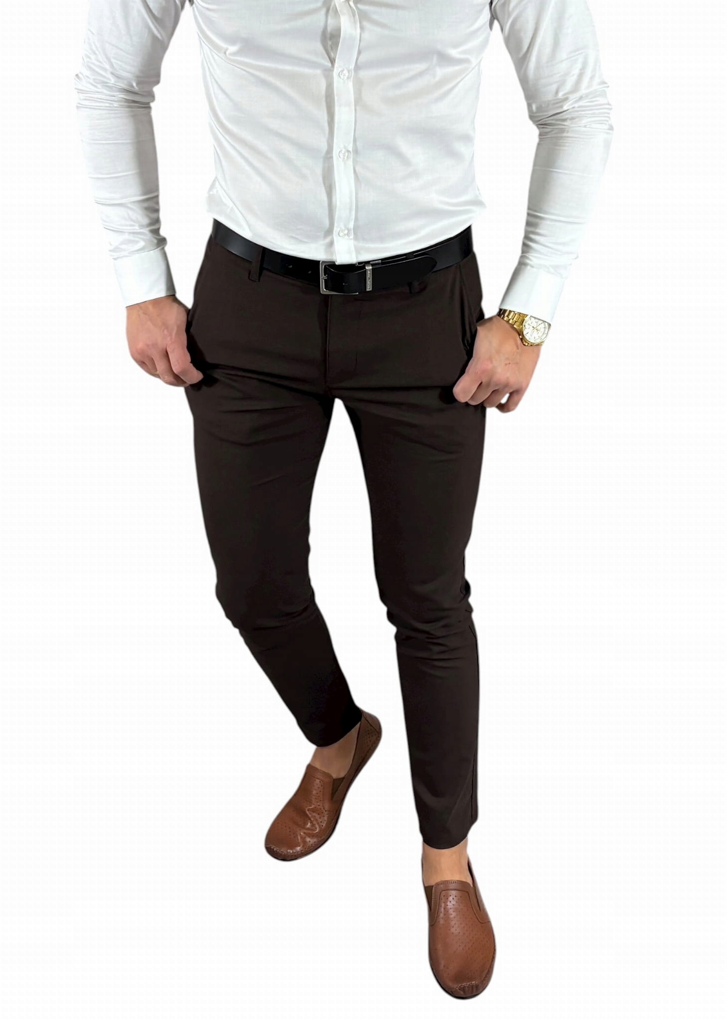 Slim hladké společenské kalhoty, barva hnědá/čokoládová, DJ014 W38