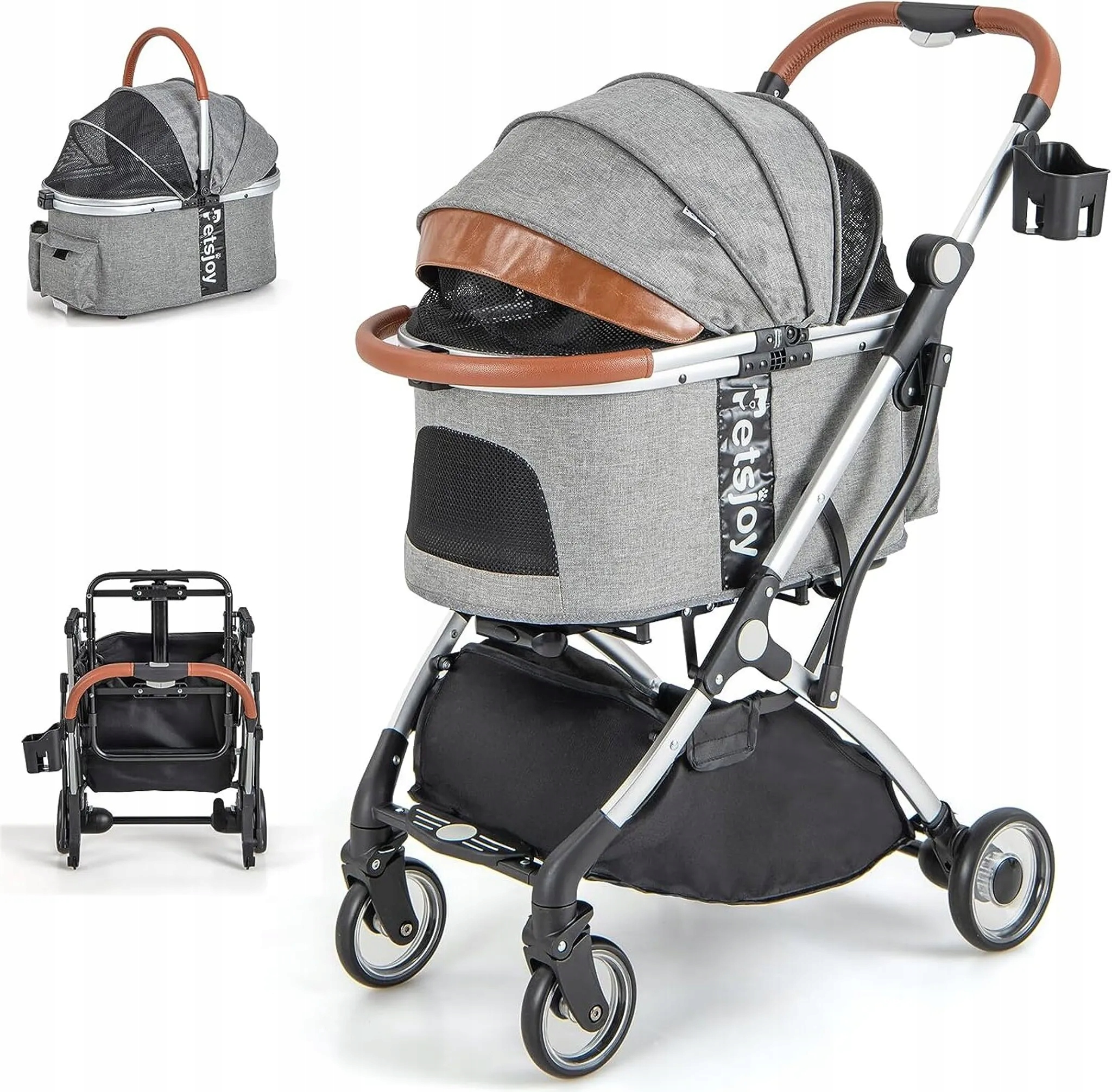 Levně Kočárek 3V1 S Úložným Košem A Teleskopickou Rukojetí Pro Psy A Kočky