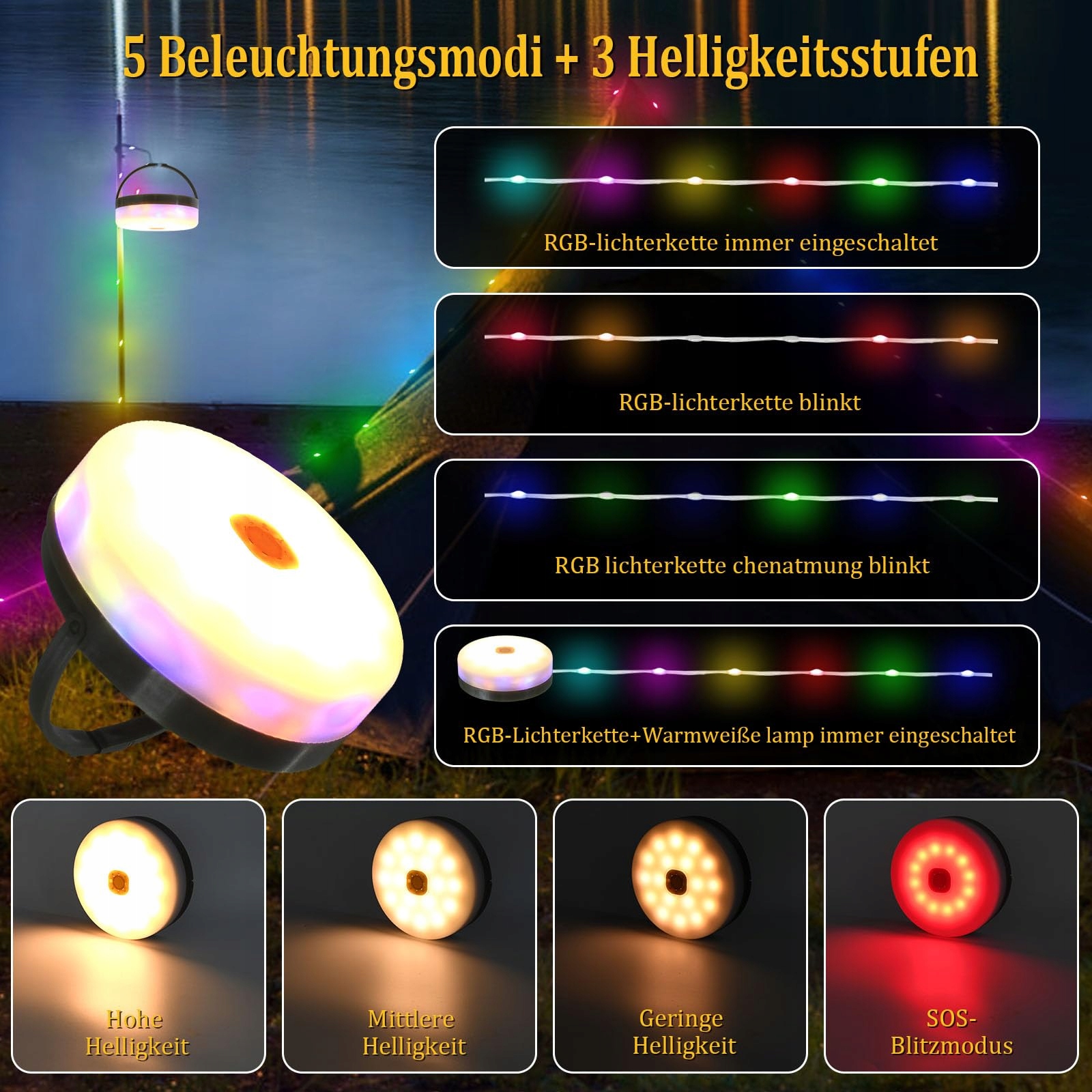 SOLAR CAMPING LAMPY LED ZASILANE USB WODOODPORNE 10M 8 TRYBÓW — miniatura 3