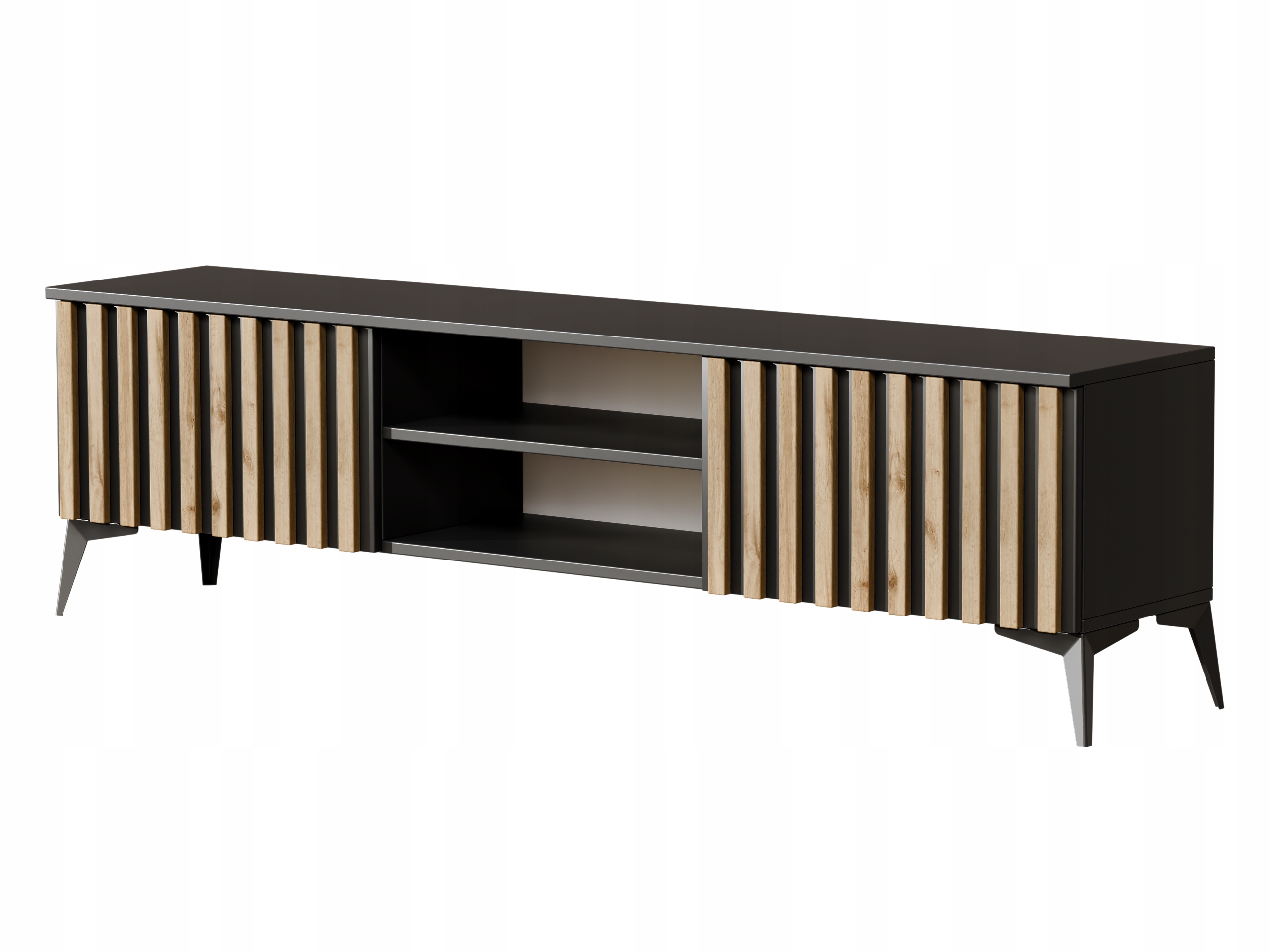 SZAFKA RTV POD TELEWIZOR 180CM DO SALONU LAMELE CZARNA CZARNE NÓŻKI