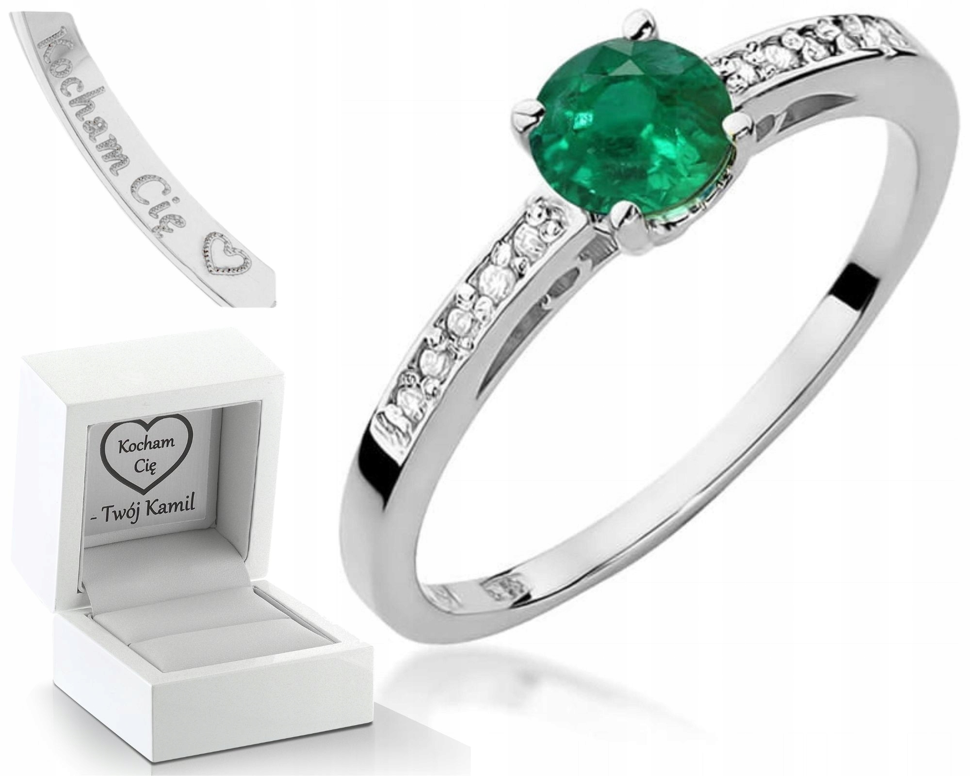 Prstýnek Prsten Z Bílého Smaragd S Diamanty A Smaragdem Dárek Gravírování , Dárek 585