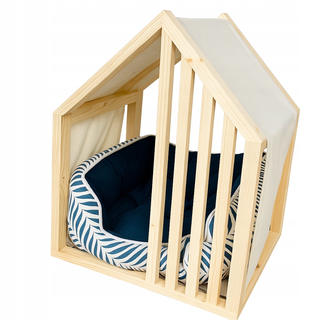 Levně Dřevěný domeček pro psa nebo kočku Xs s prolamovaným textilním vchodem