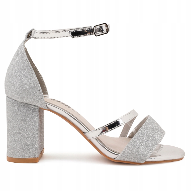 Srebrne Sandałki Damskie Na Słupku Ekoskóra Sandały Na Obcasie