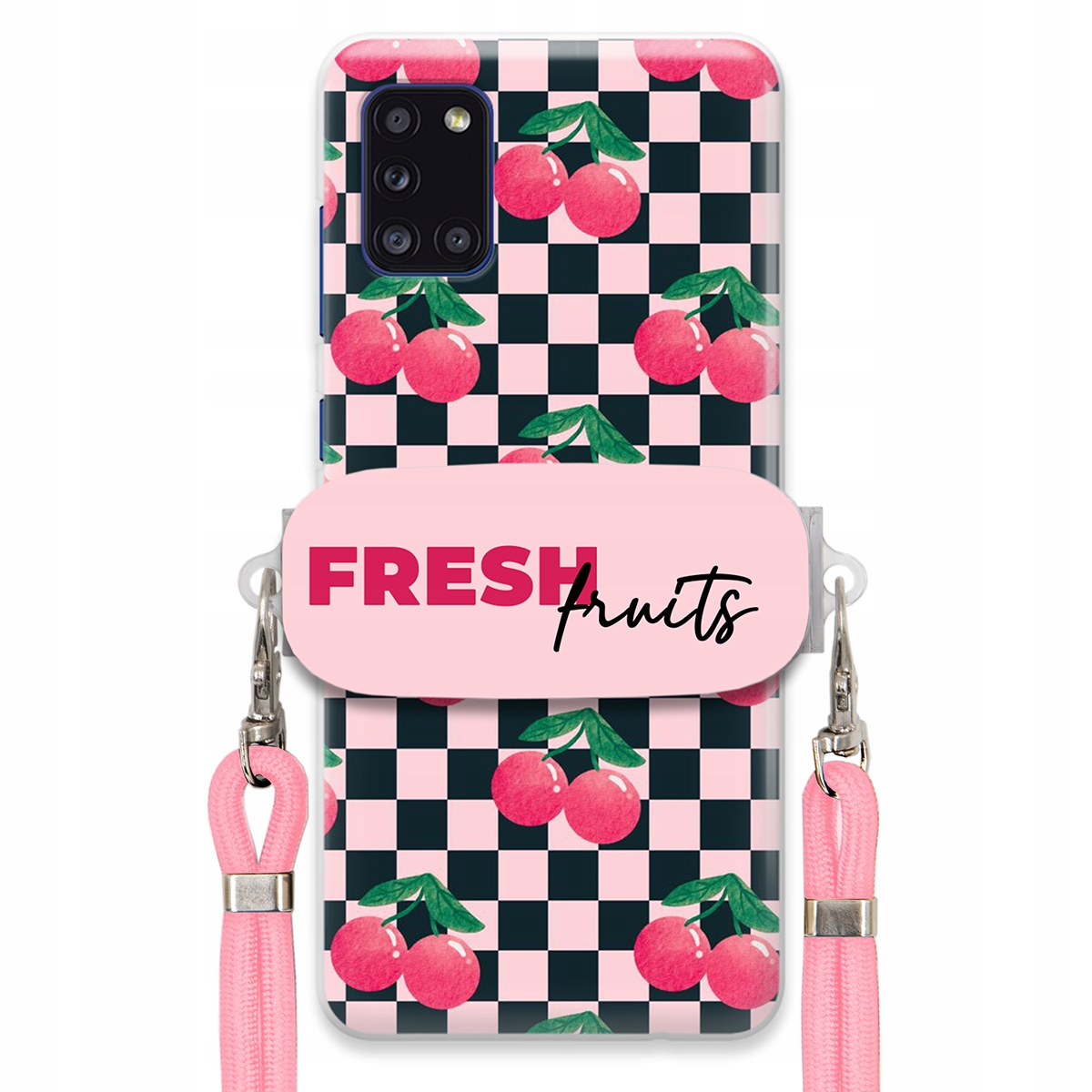 Pouzdro pro Samsung A31 Vodítko Pink Crossbody Držák Šachovnice Fresh Fruits