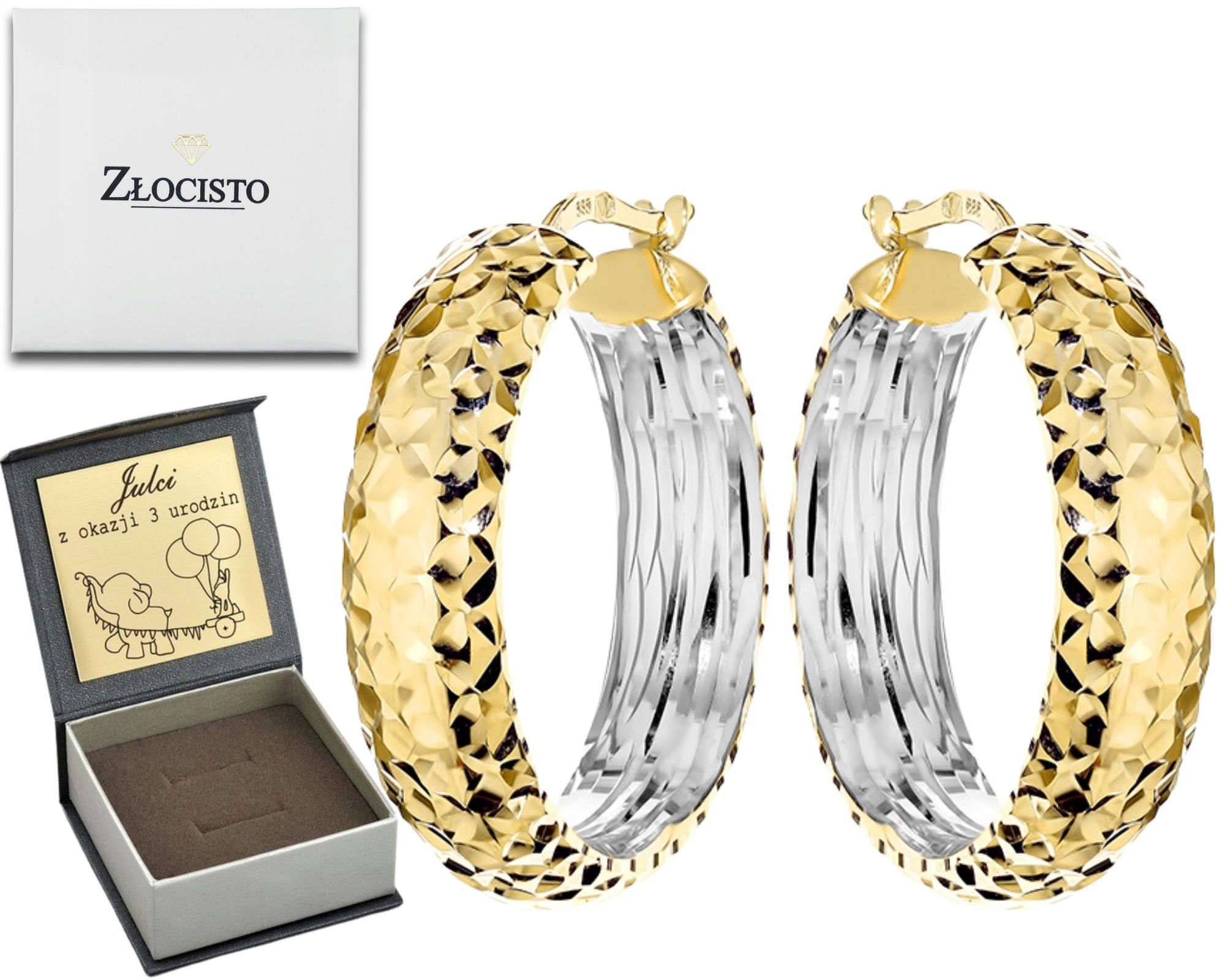 Zlaté Kruhové Náušnice Diamantové Široká Lišta Dvě Barvy Zlata Efekt