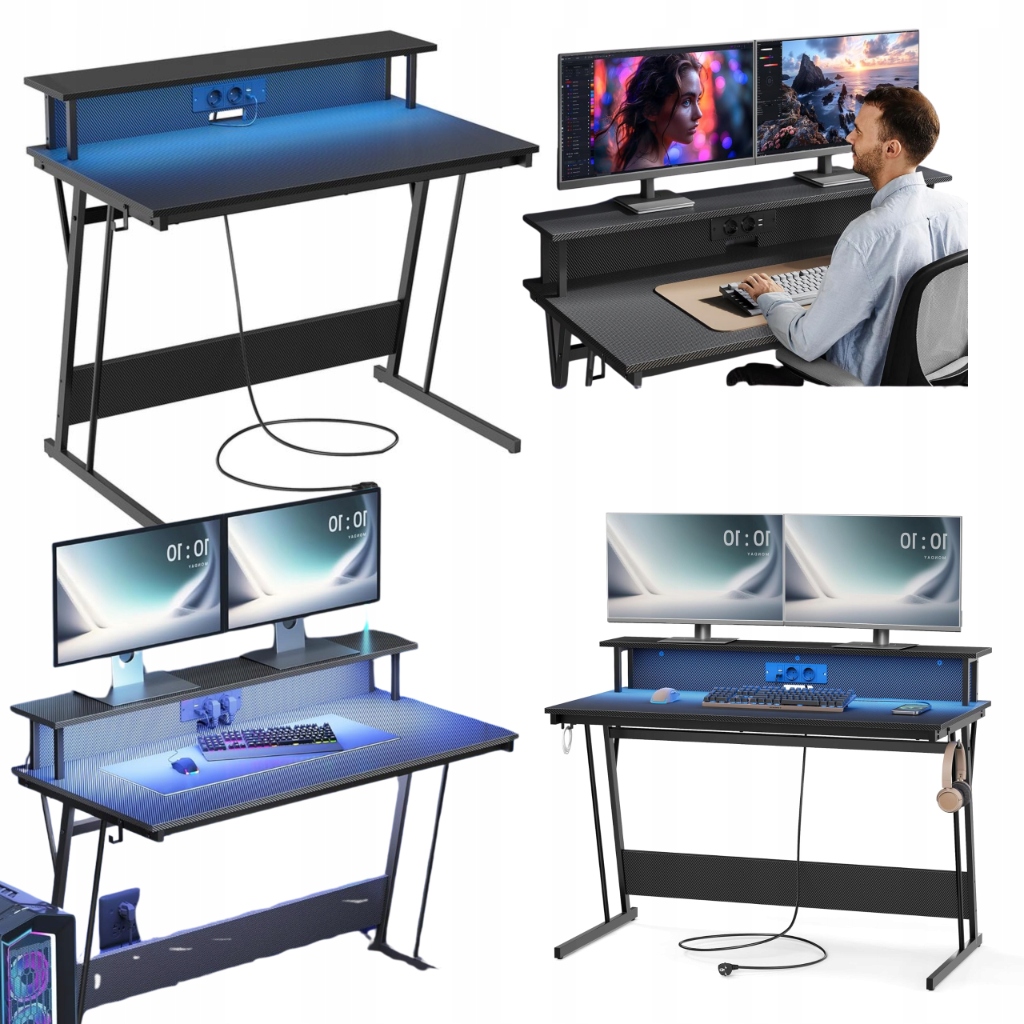 Herný Stôl 120 cm s Led čiernym podsvieteným stojanom na monitor do kancelárie