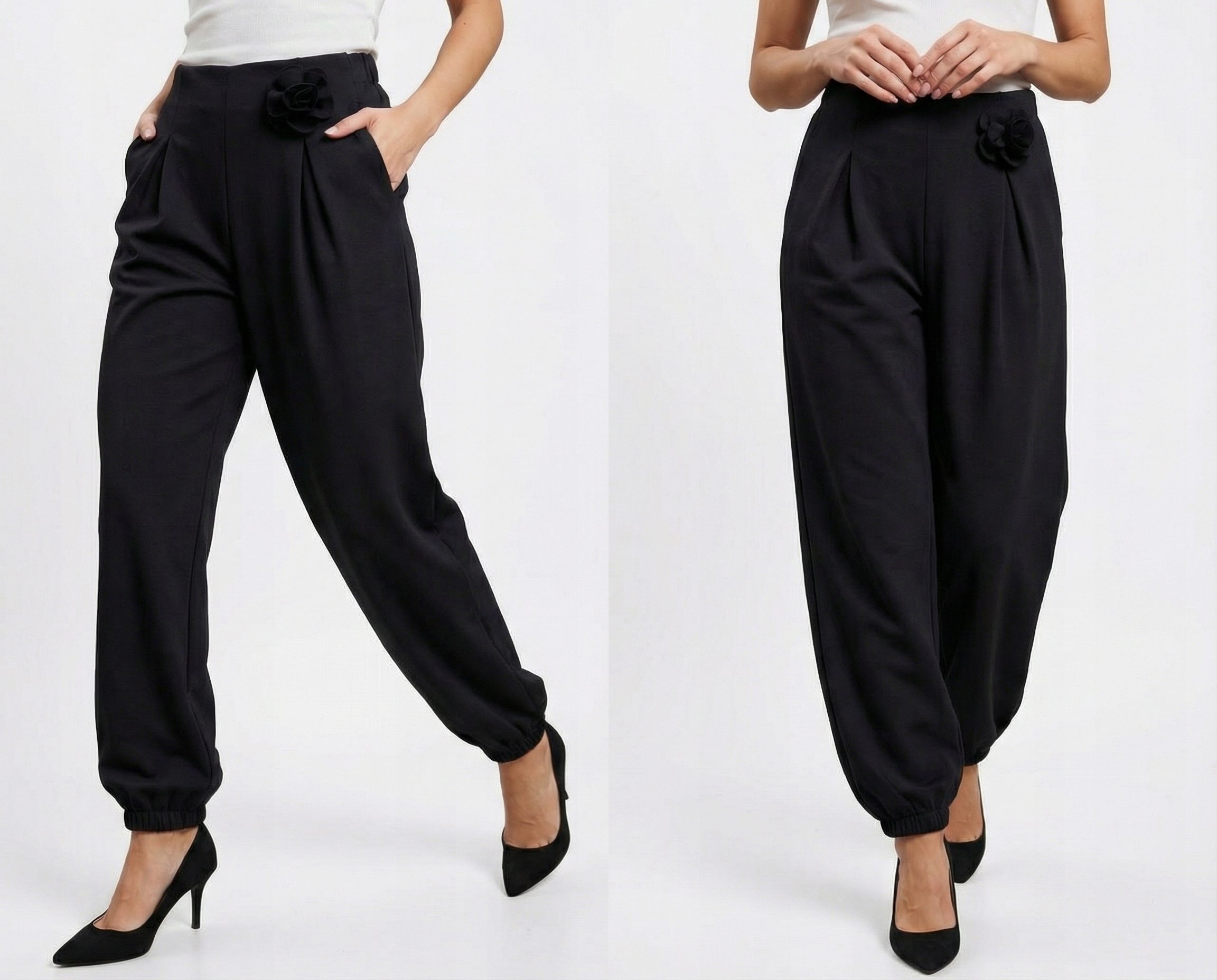 Spodnie Joggery Masełko Stylowe Broszka Różyczka Czarne