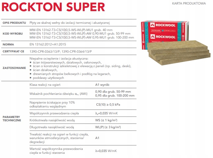 WEŁNA ROCKWOOL ROCKTON SUPER 10 cm 100 mm Grubość 100 mm