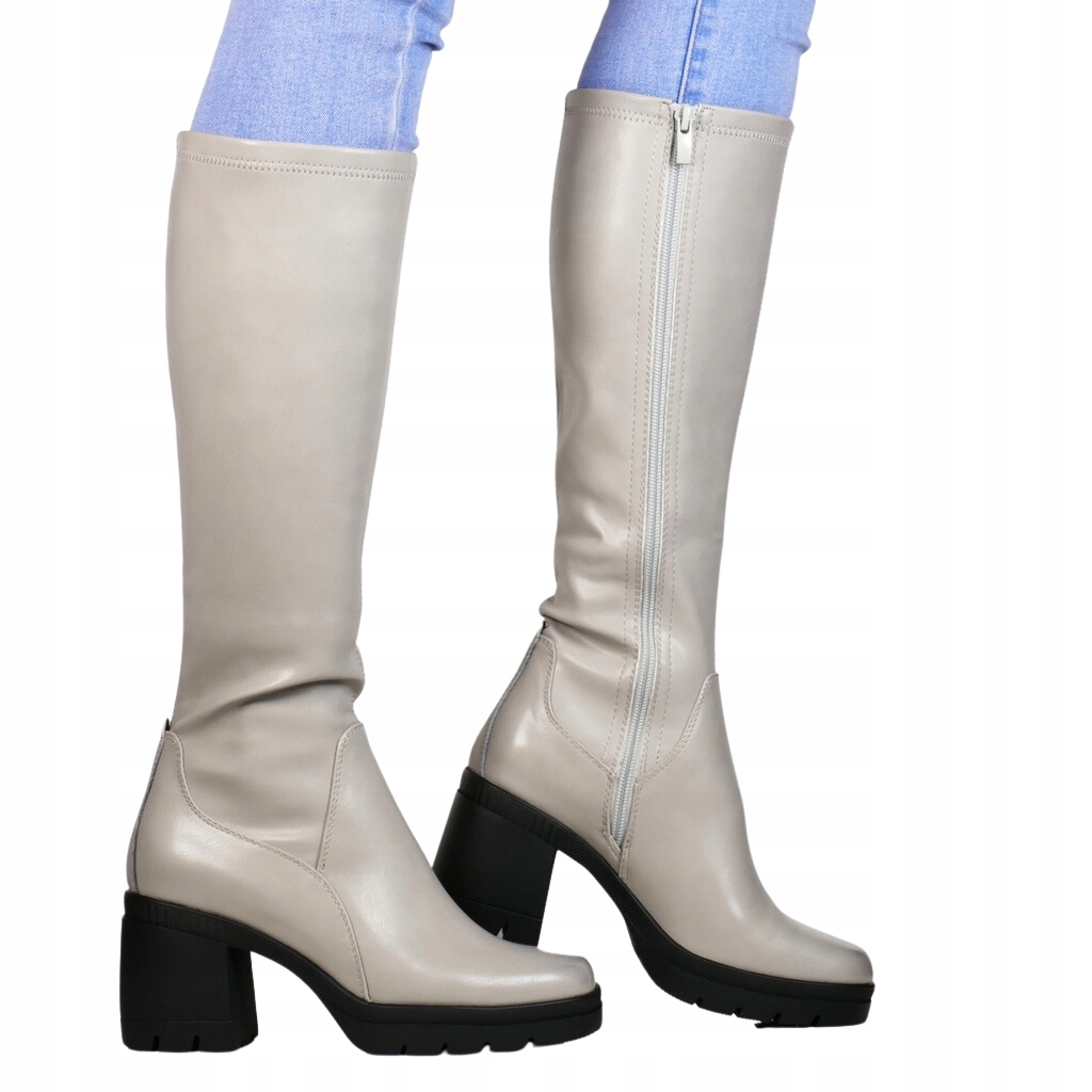 iButy Kozaki Na Platformě Na Podpatku Klocku Šedé Laikra Lícové