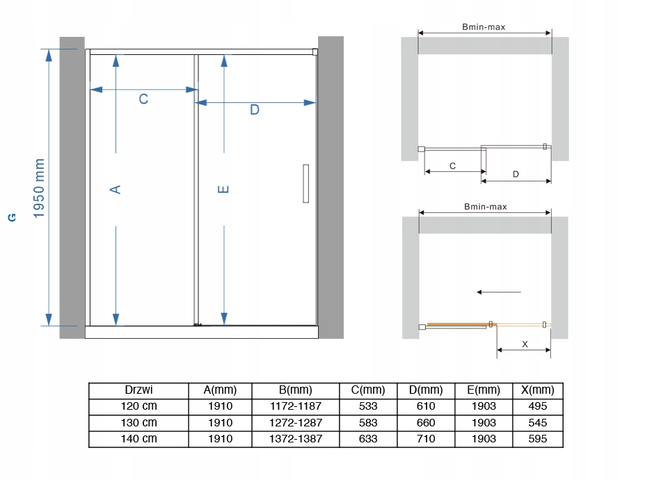 DRZWI PRYSZNICOWE PRZESUWNE DSV250B czarne 140CM LEYDEN - cichy domyk Szerokość produktu 140 cm