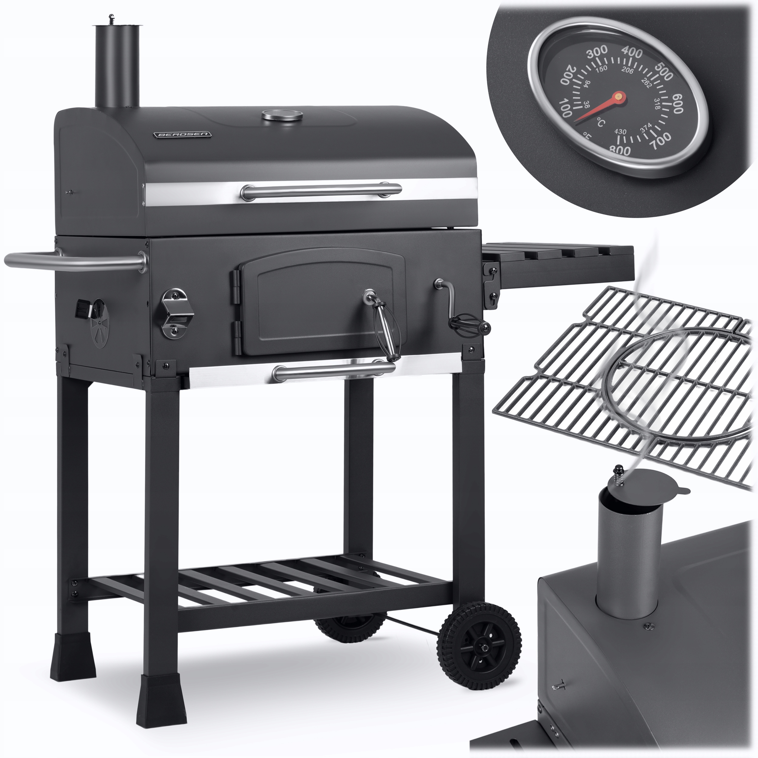 Grill Węglowy Ogrodowy Komin Żeliwny Ruszt 57 x 43cm Termometr