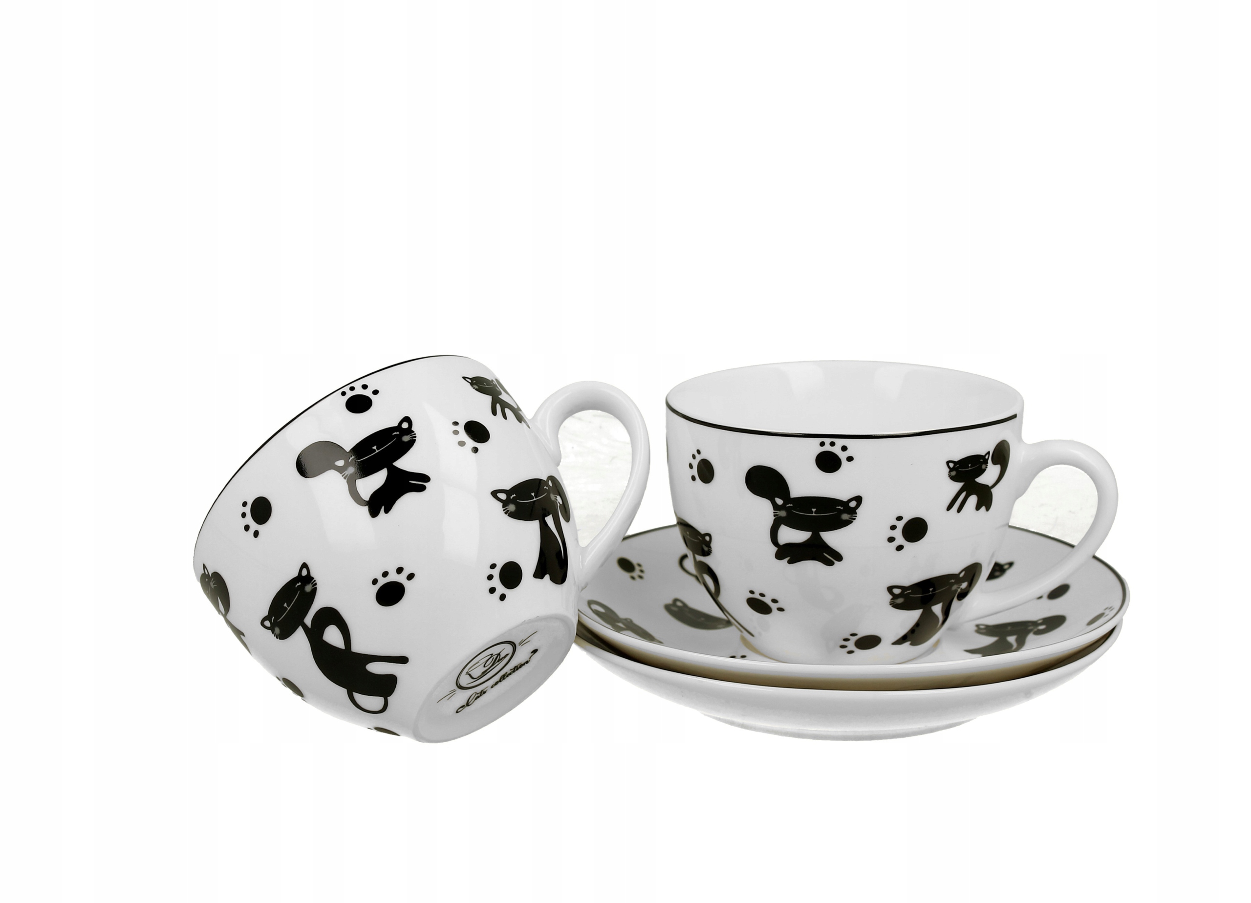 Porcelana Zestaw Filiżanek do herbaty ze Spodkami 2x Wzór z kotami Prezent Zawartość zestawu Filiżanka Spodek