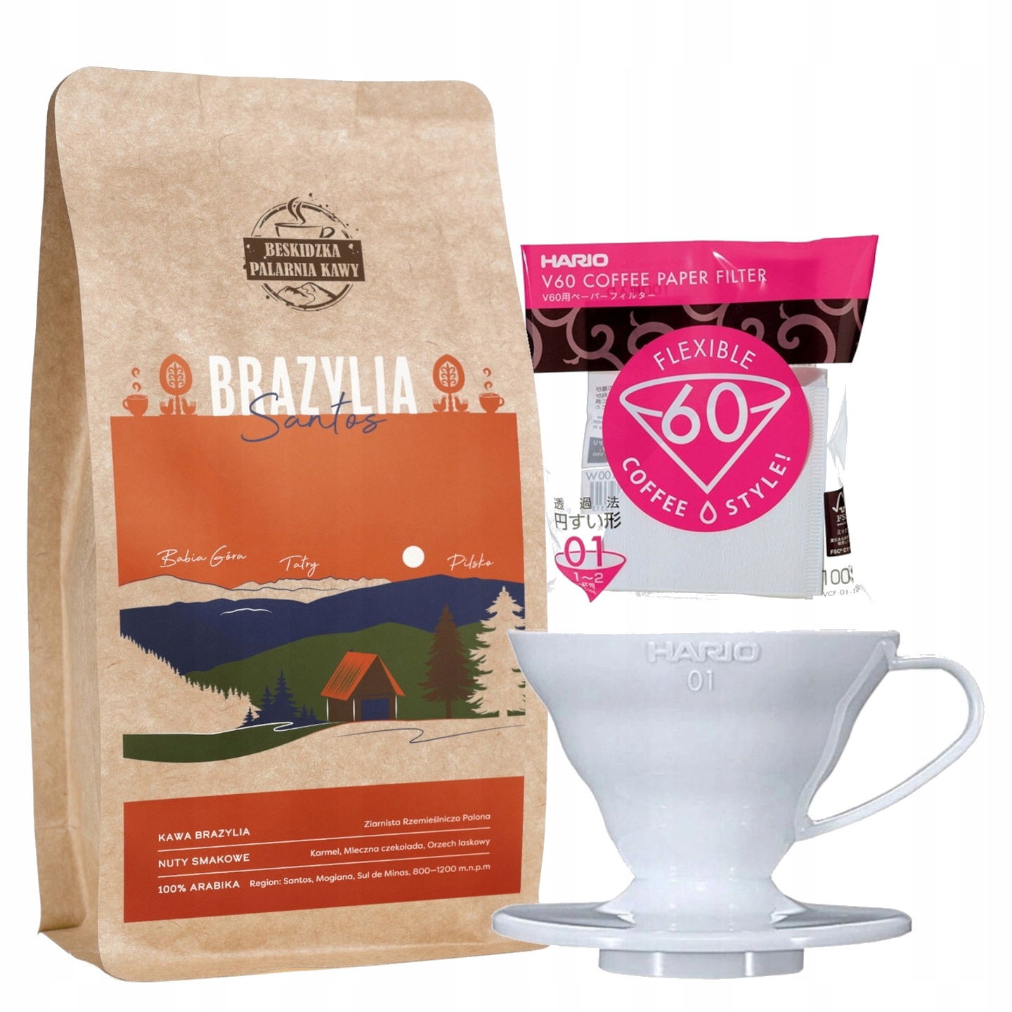 Levně Káva Brazílie Santos 250 g Drip Hario Bílá V60-01 Bílé Filtry 100 ks