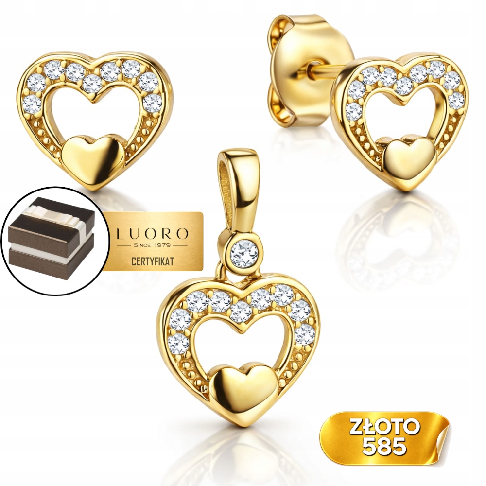 Zlatý Komplet 585 14K Náušnice Přívěsek Srdce Zirkony 15 MM Elegantní