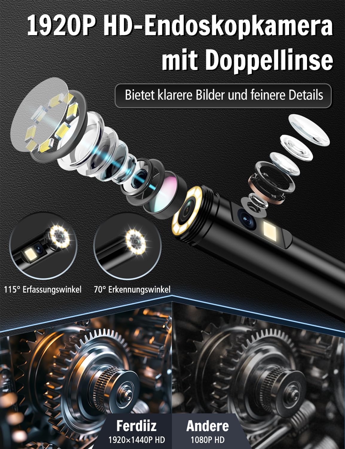 FERDIIZ Kamera Endoskopowa HD 1920P Dwie Soczewki LED IP67 Android iOS 10m — miniatura 2