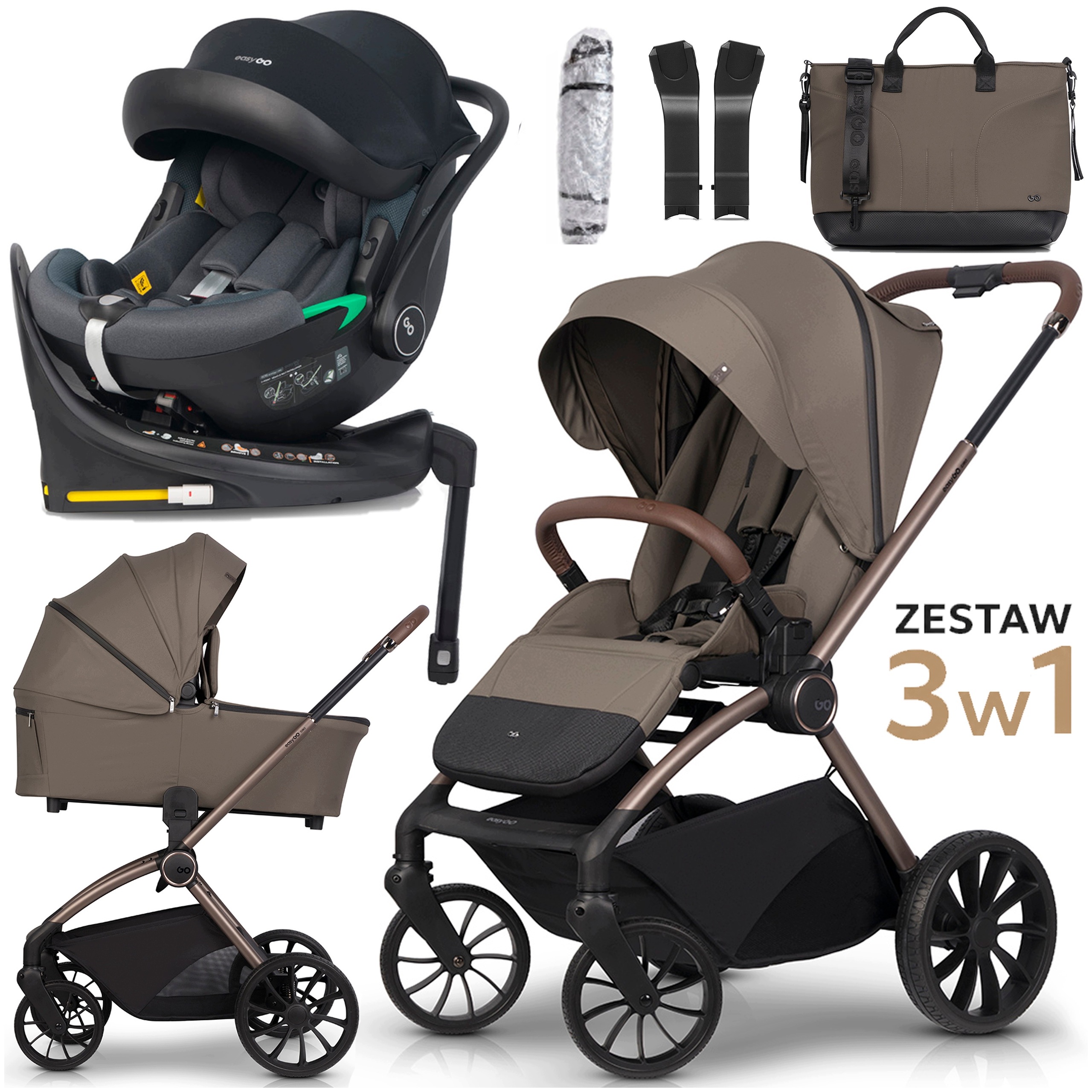 Wózek Spacerowy Gondola Fotelik Buz Isofix Przód Tył Duże Koła Zestaw 4w1