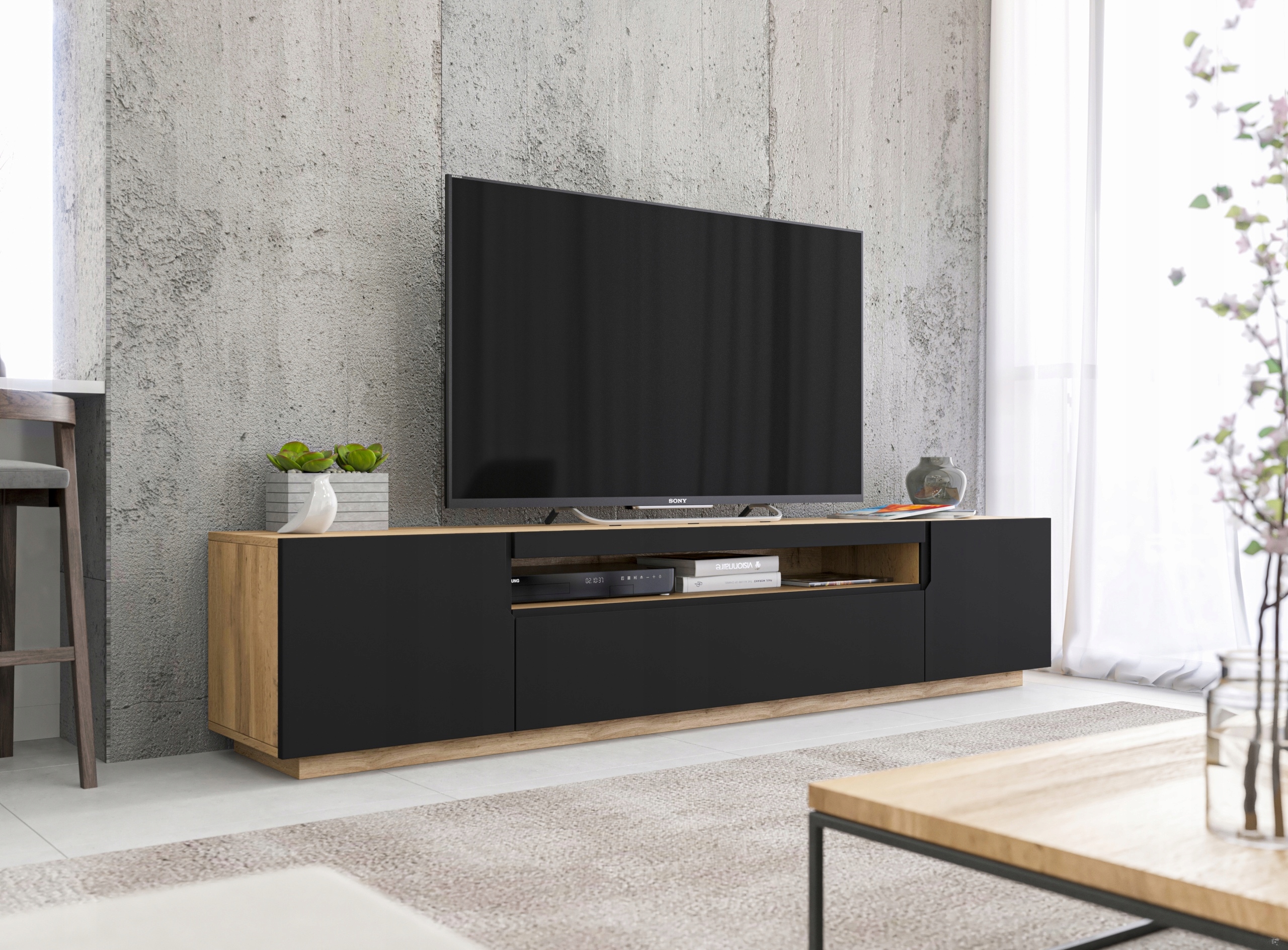 Szafka RTV Loft Industrialna dąb czarny MAT 200cm Głębokość mebla 36.5 cm