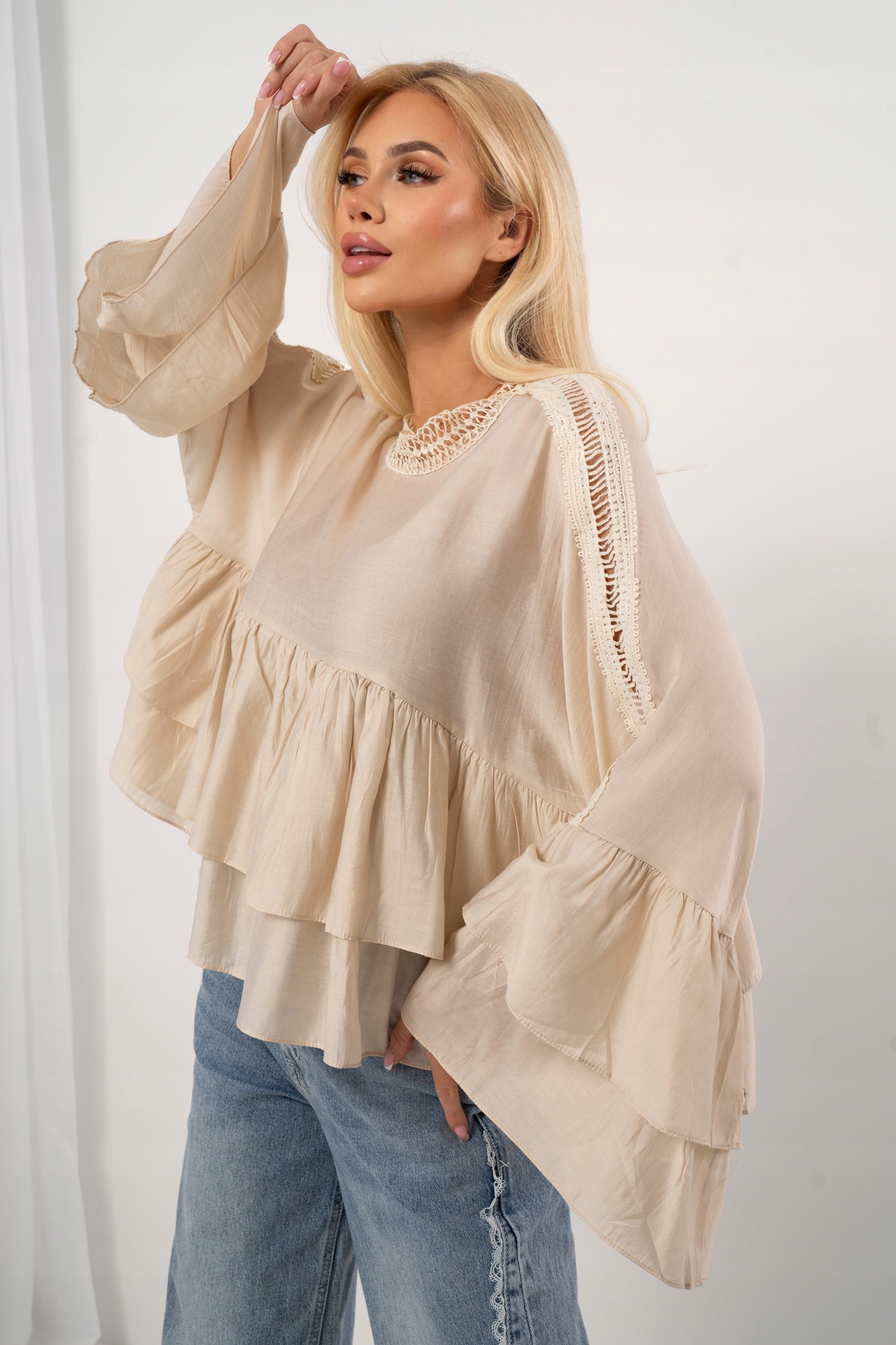 Bluzka Damska Letnia Boho Wiskoza Szerokie Rękawy Falbanki Italy Włoska Beż