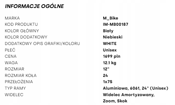 Rower JUNIOR M-BIKE TIN 24 biały Rozmiar koła (