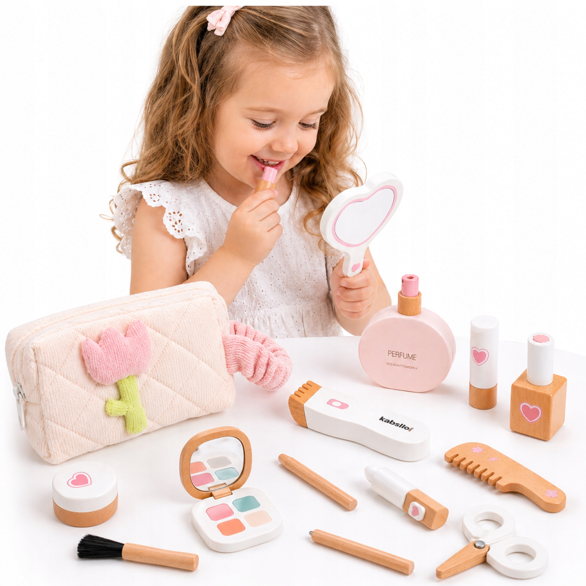 DREWNIANY ZESTAW KOSMETYKÓW DLA DZIECI BEAUTY MAKEUP KOSMETYCZKA