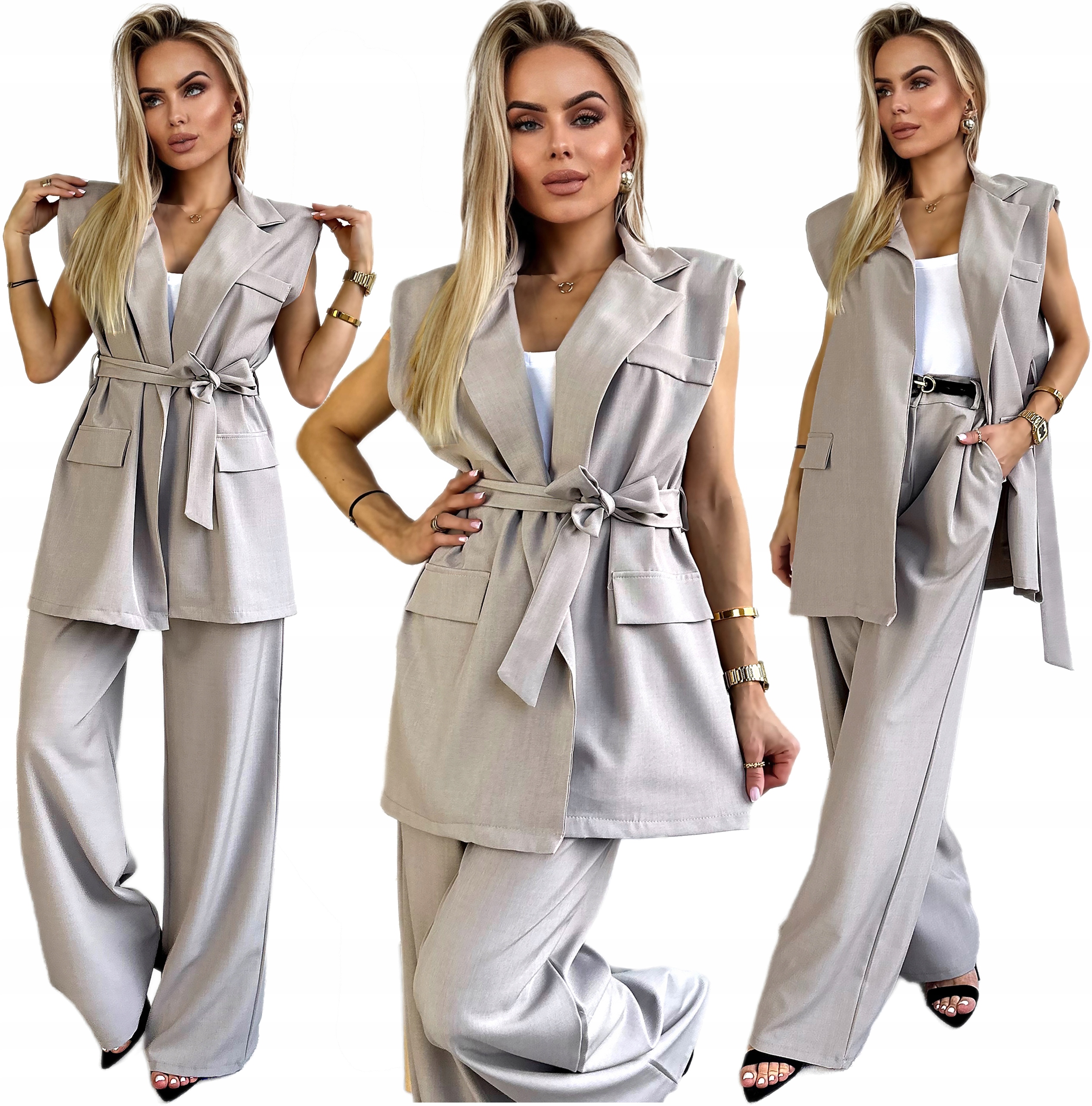 Elegantní stylový Komplet dámská zavazovací vesta široké kalhoty