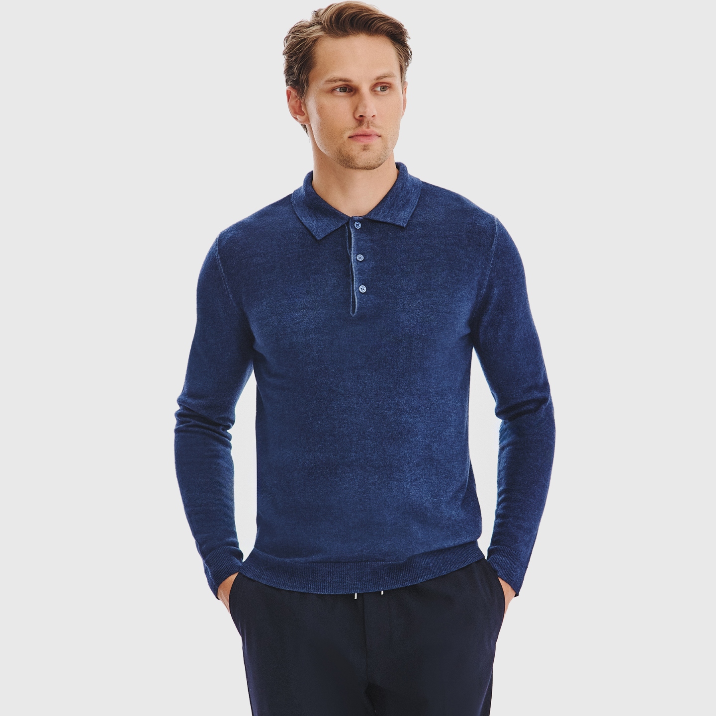 Vlněný pánský svetr s polo límečkem, tmavě modrý Pako Lorente vel XXL