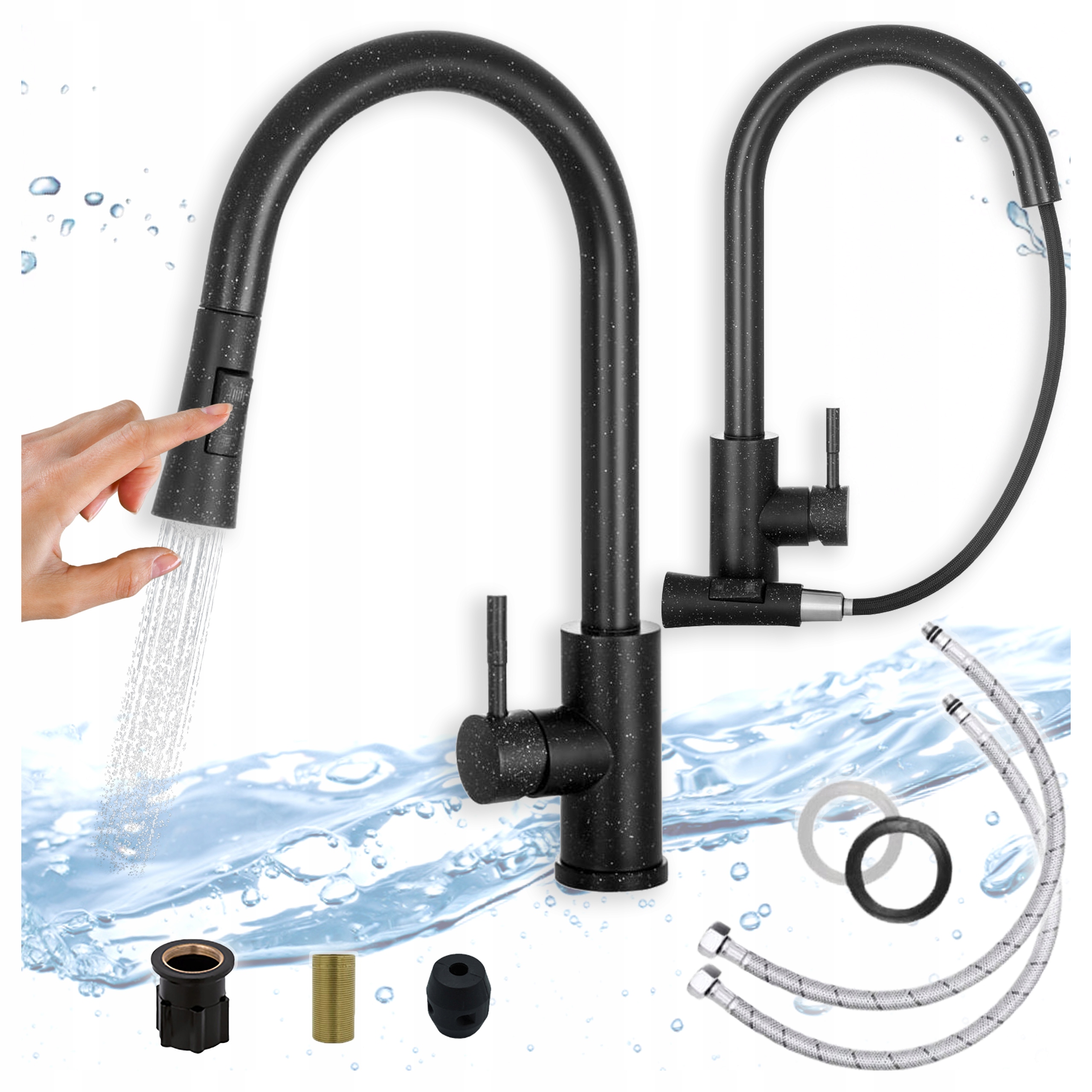 Kuchynská batéria s výsuvným výtokom Tora Slim Čierna žula Kuchynský kohútik