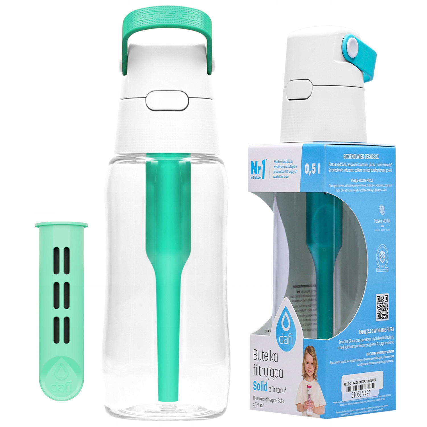 Szűrőpalack Dafi Solid 0,5l türkiz / menta + 1x Dafi vízszűrő