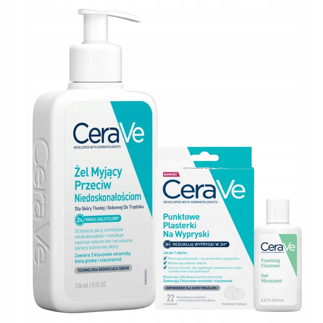 CeraVe Plasterki na niedoskonałości, Żel myjący przeciw niedoskonałościom