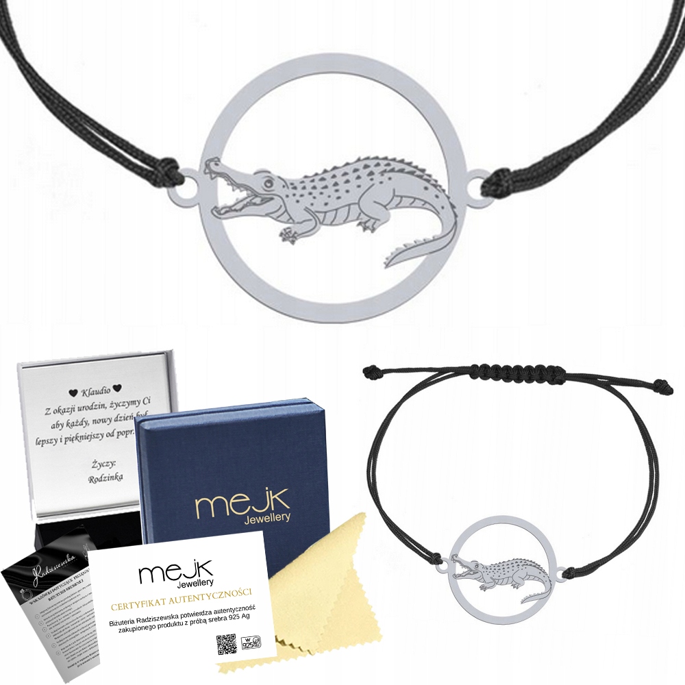 Stříbrný náramek s krokodýlem 925 Šňůra Šperky Dárek Gravírování