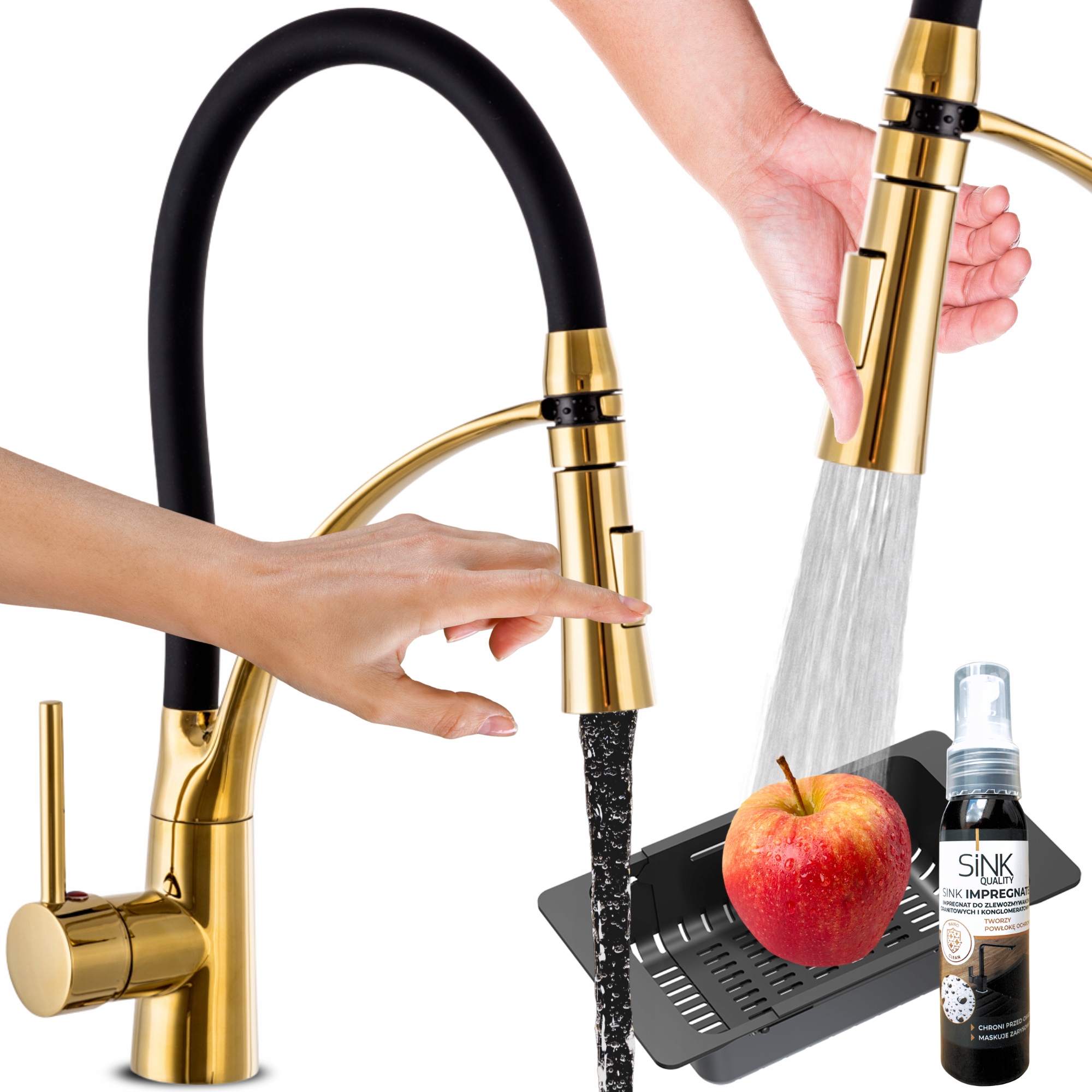 Kuchyňská Baterie S Flexibilním Dlouhým Výtokem Zlatá Kohoutková 7v1