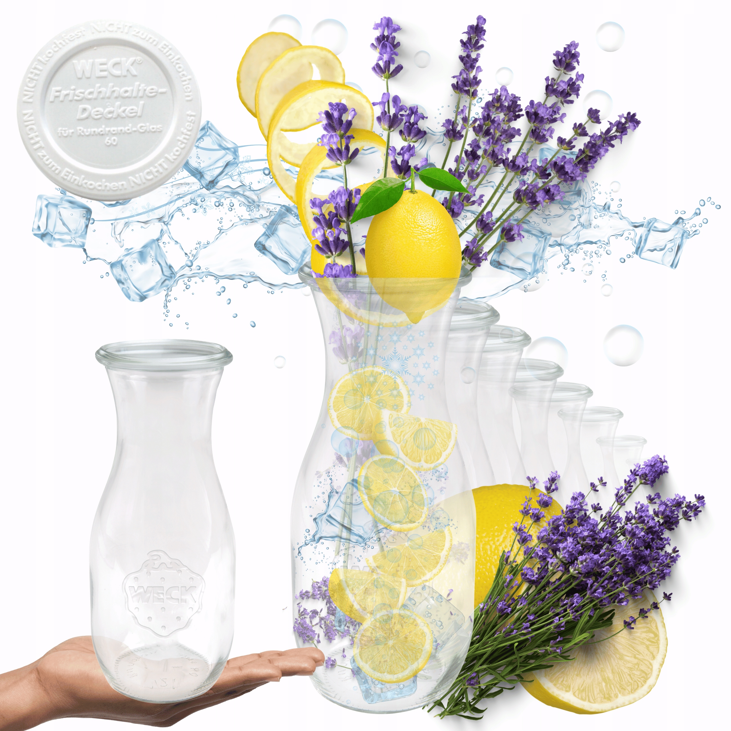 Karafy 1062ml Weck 1L plastové veko 12ks na vodu a víno a džús