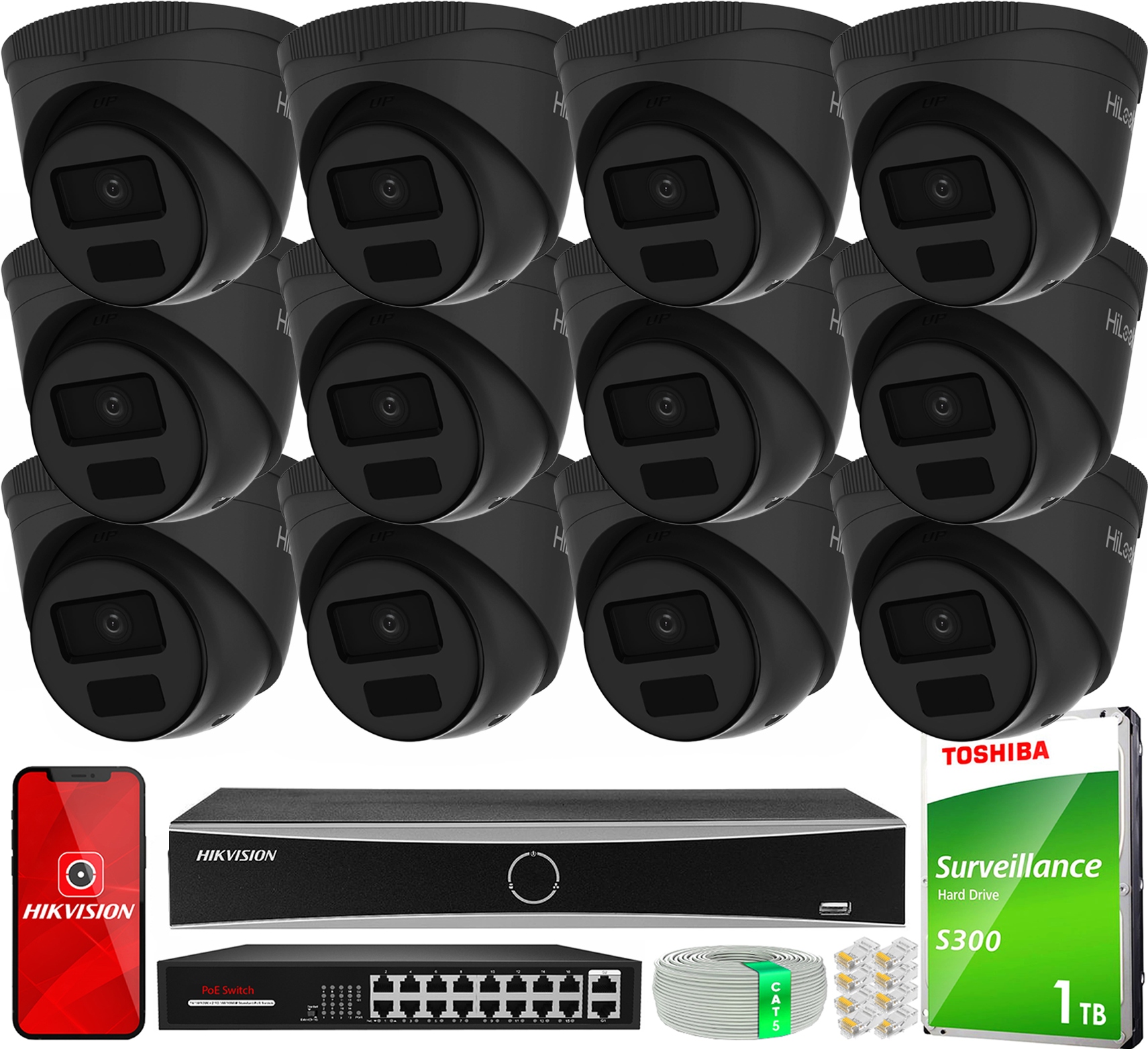 Monitorovací sada 12 Ip kamer 4MPx s externím PoE HiLook Hikvision Poe