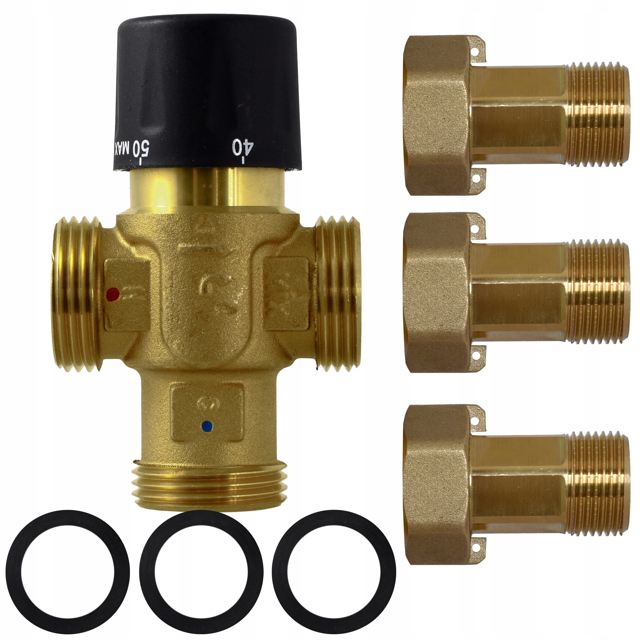 Zawór termostatyczny trójdrogowy mieszający 25-50°C Śrubunki 3/4 Cala
