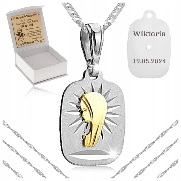 SREBRNY ŁAŃCUSZEK SINGAPUR + MEDALIK PR. 925 MATKA BOSKA FATIMSKA + GRAWER