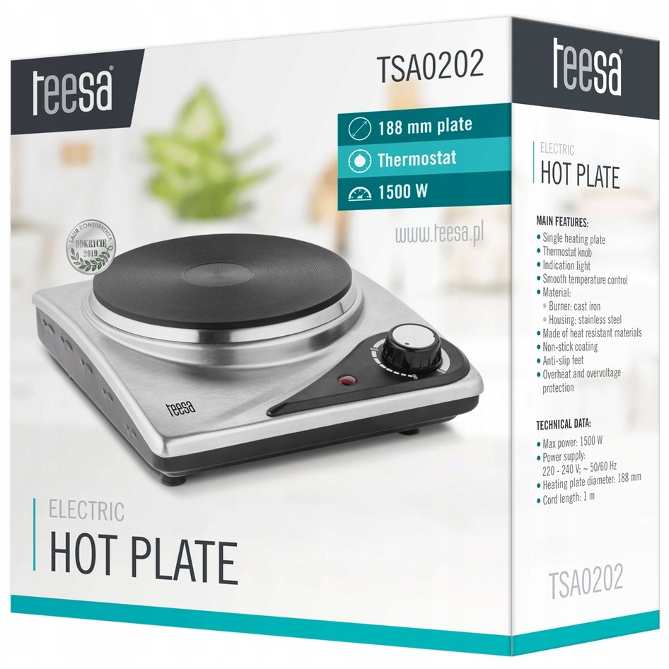 Kuchenka elektryczna jednopalnikowa Teesa 1500W na prąd turystyczna solidna