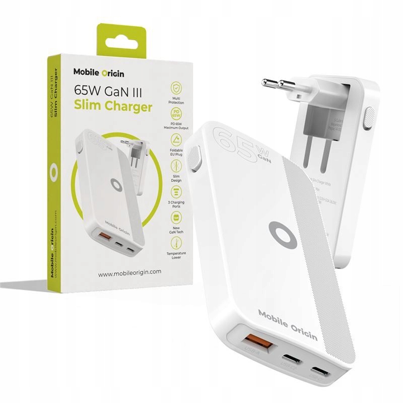Ładowarka sieciowa 65W GaN, Mobile Origin Slim 2x Usb-c Pd 1x Usb-a Qc