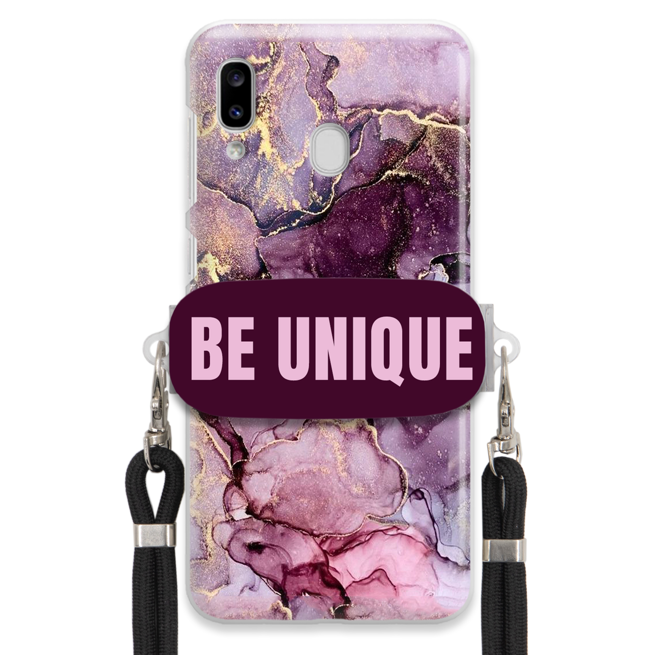 Prémiové puzdro pre Samsung A20e Case Uchywt Šnúrka Čierna Fialová Mramor