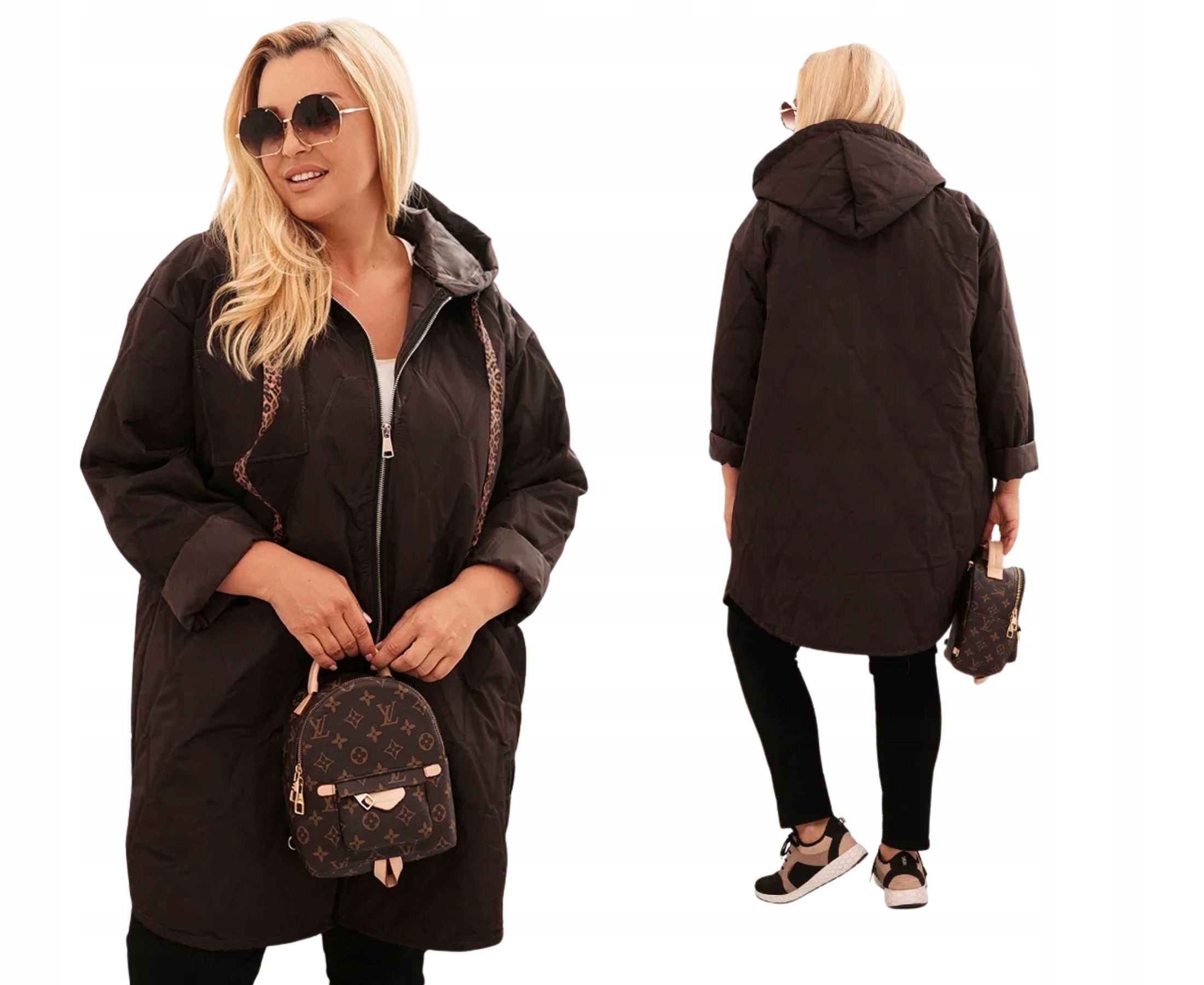 Dámská dlouhá prošívaná bunda plus size s kapucí oversize, hnědá