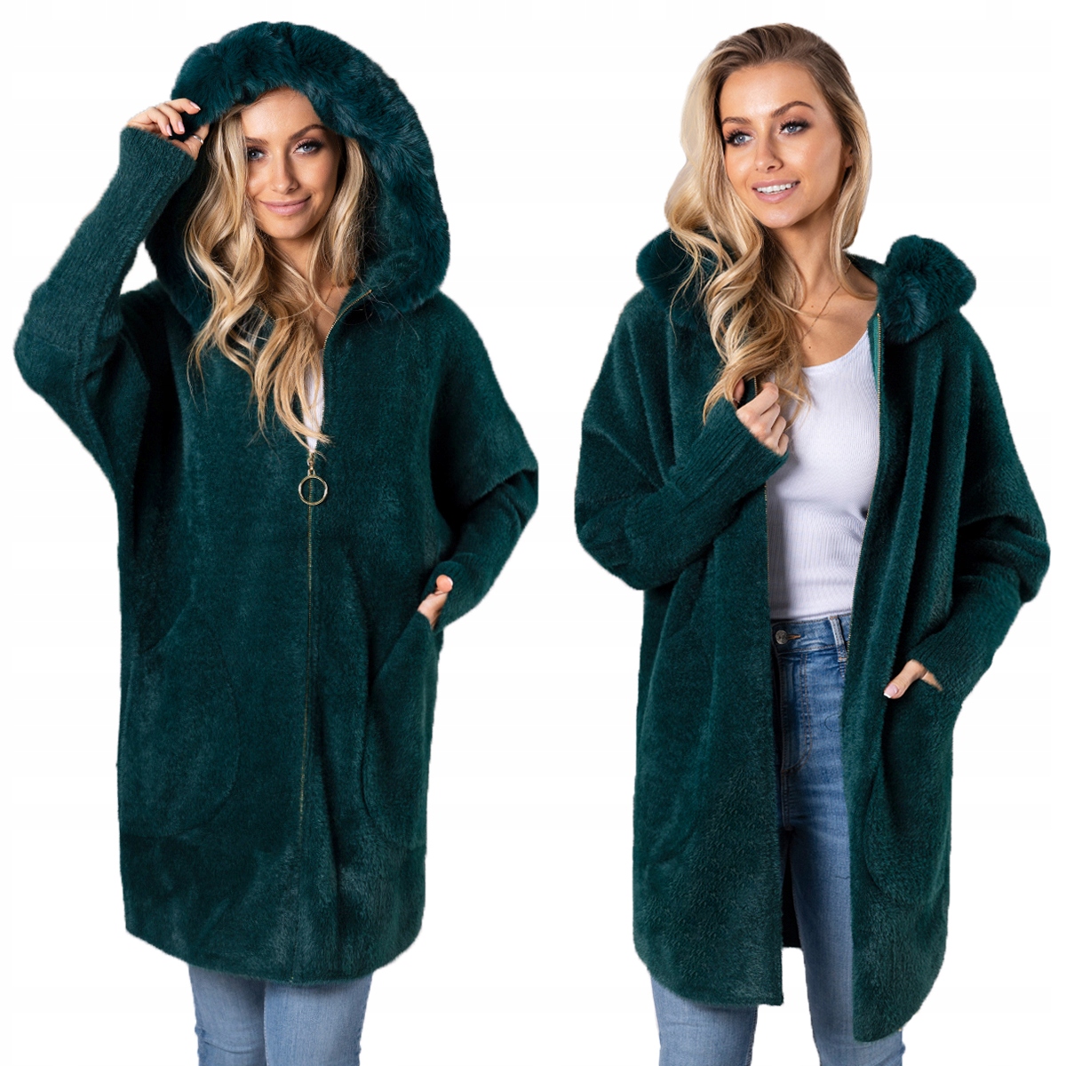 Nadýchaná Alpaka Kabát Kapuce s kožešinou Měkký, teplý, dámský Zeleň