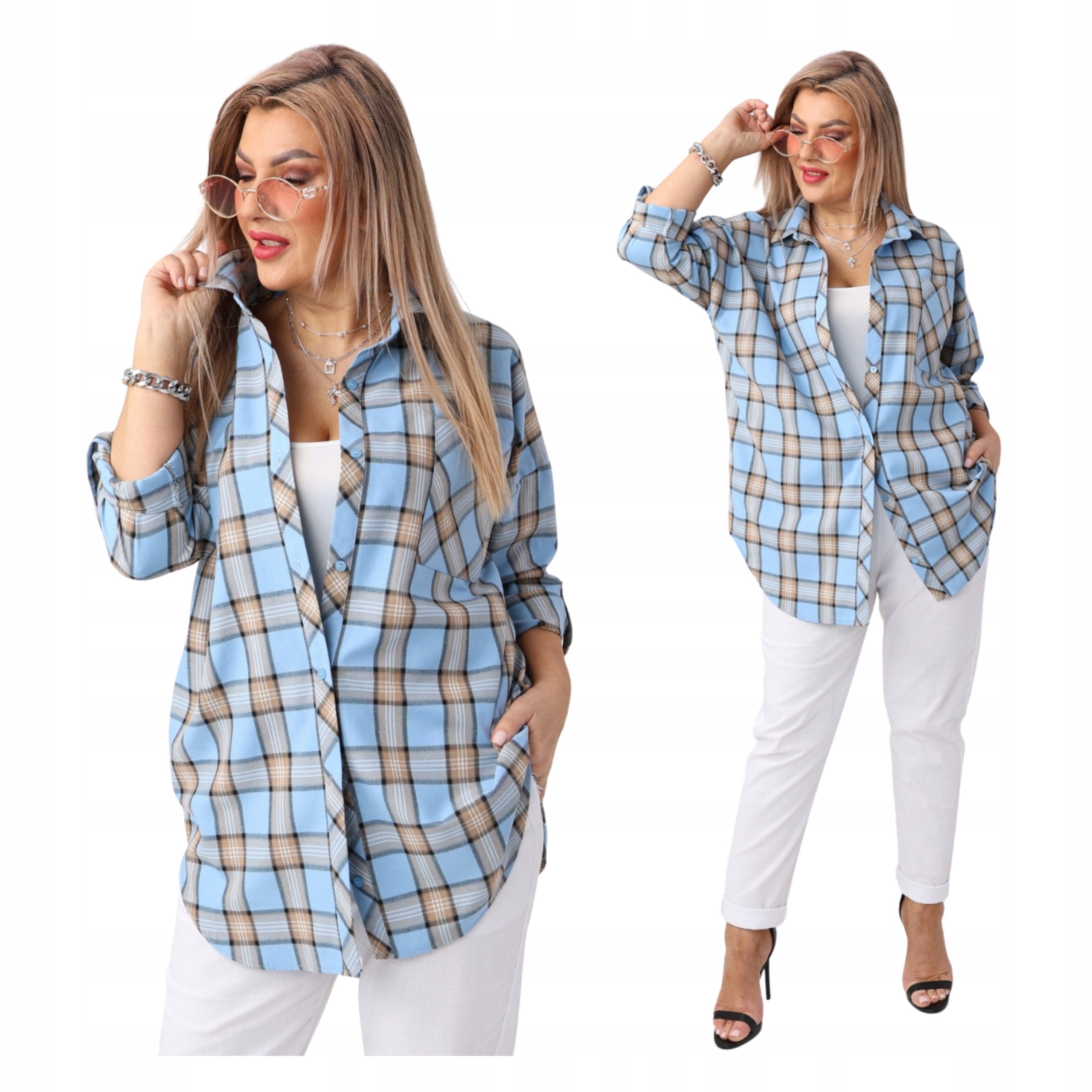 Bawełniana Koszula Damska W Kratę Oversize Luźna Duże Rozmiary