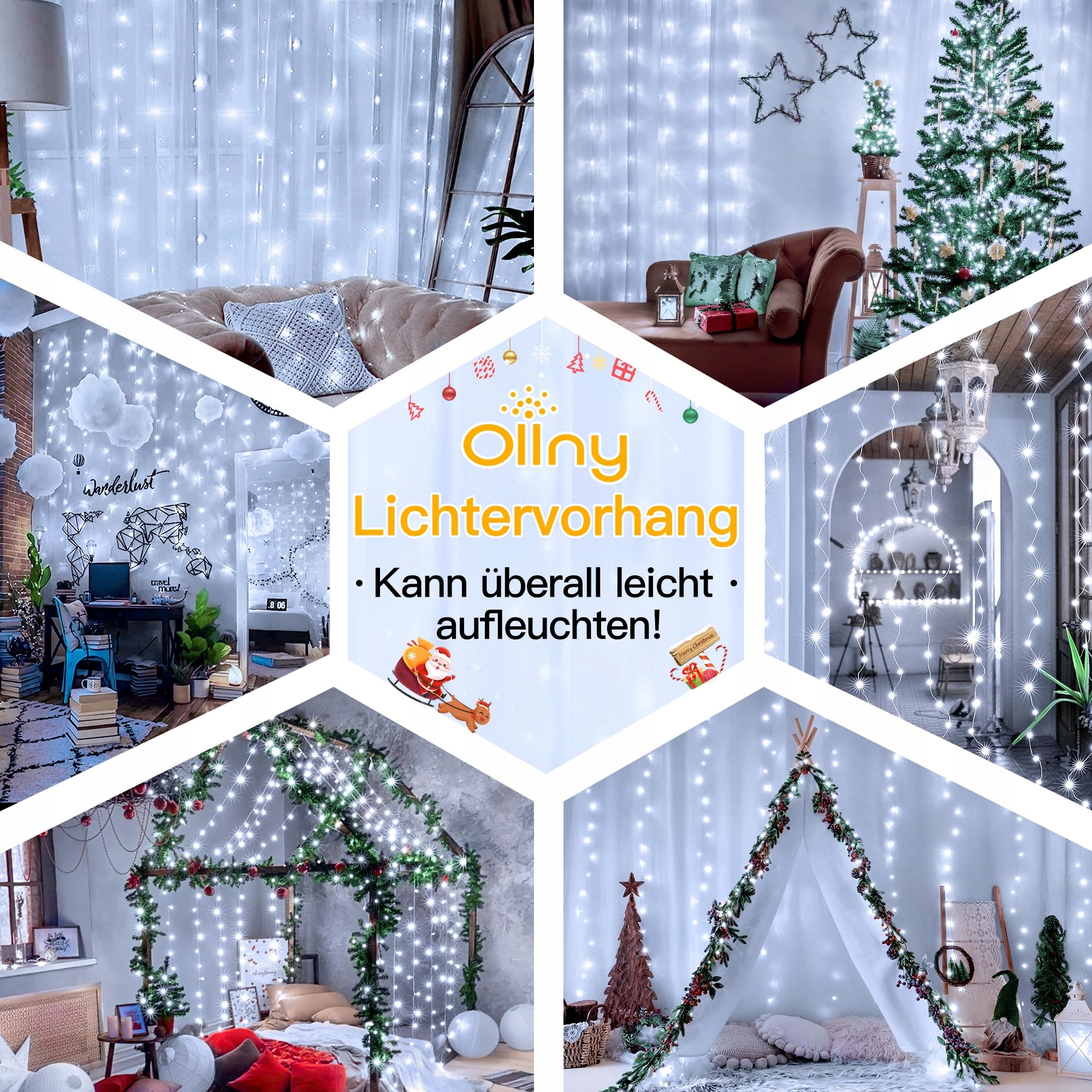 OLLNY Kurtyna Świetlna Girlanda Wodoodporne Lampki Białe 3x3m 300 LED — miniatura 7