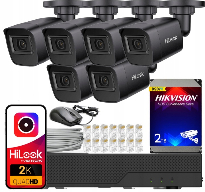 Sada na monitorovanie Ip 4MPX 6 kamier PoE 2K+ Black Externý Hdd Hikvision