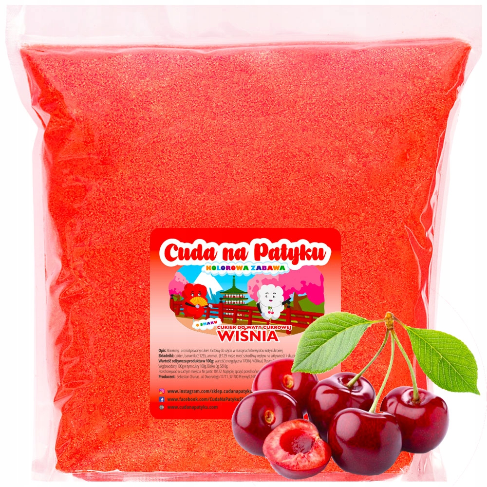 Kolorowy Cukier Do Waty Cukrowej do Maszyny Smakowy WIŚNIOWY WIŚNIA 5 KG